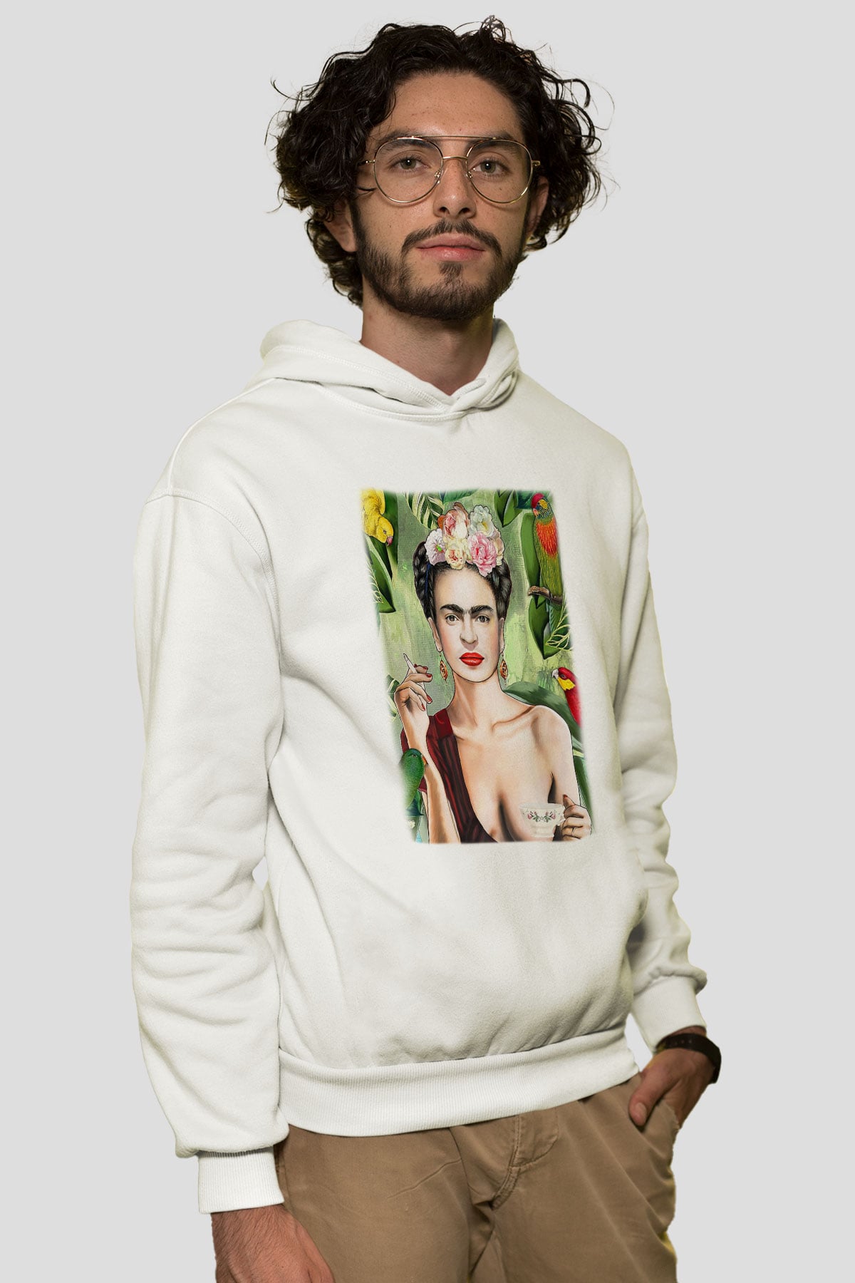 Frida Kahlo Beyaz Unisex Kapşonlu Sweatshirt