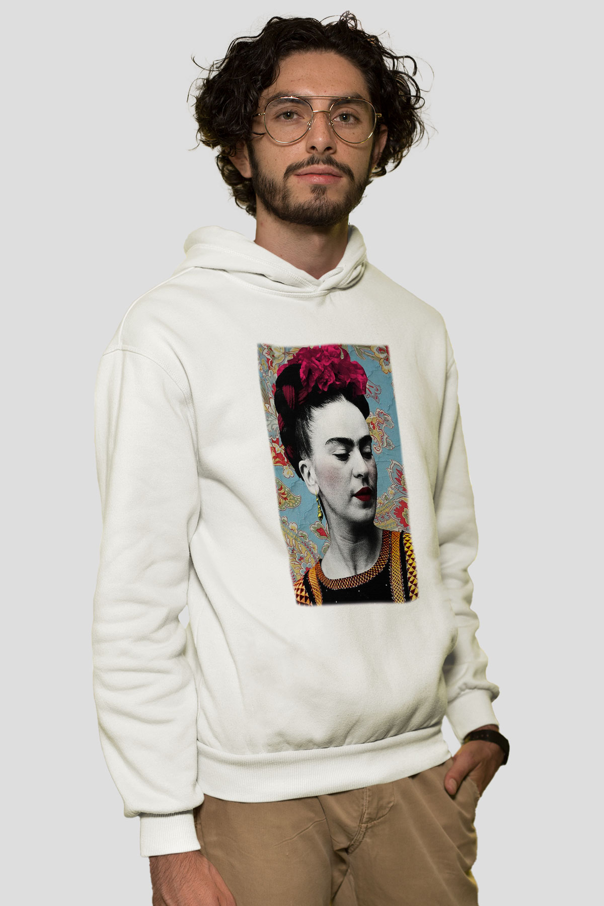 Frida Kahlo Beyaz Unisex Kapşonlu Sweatshirt
