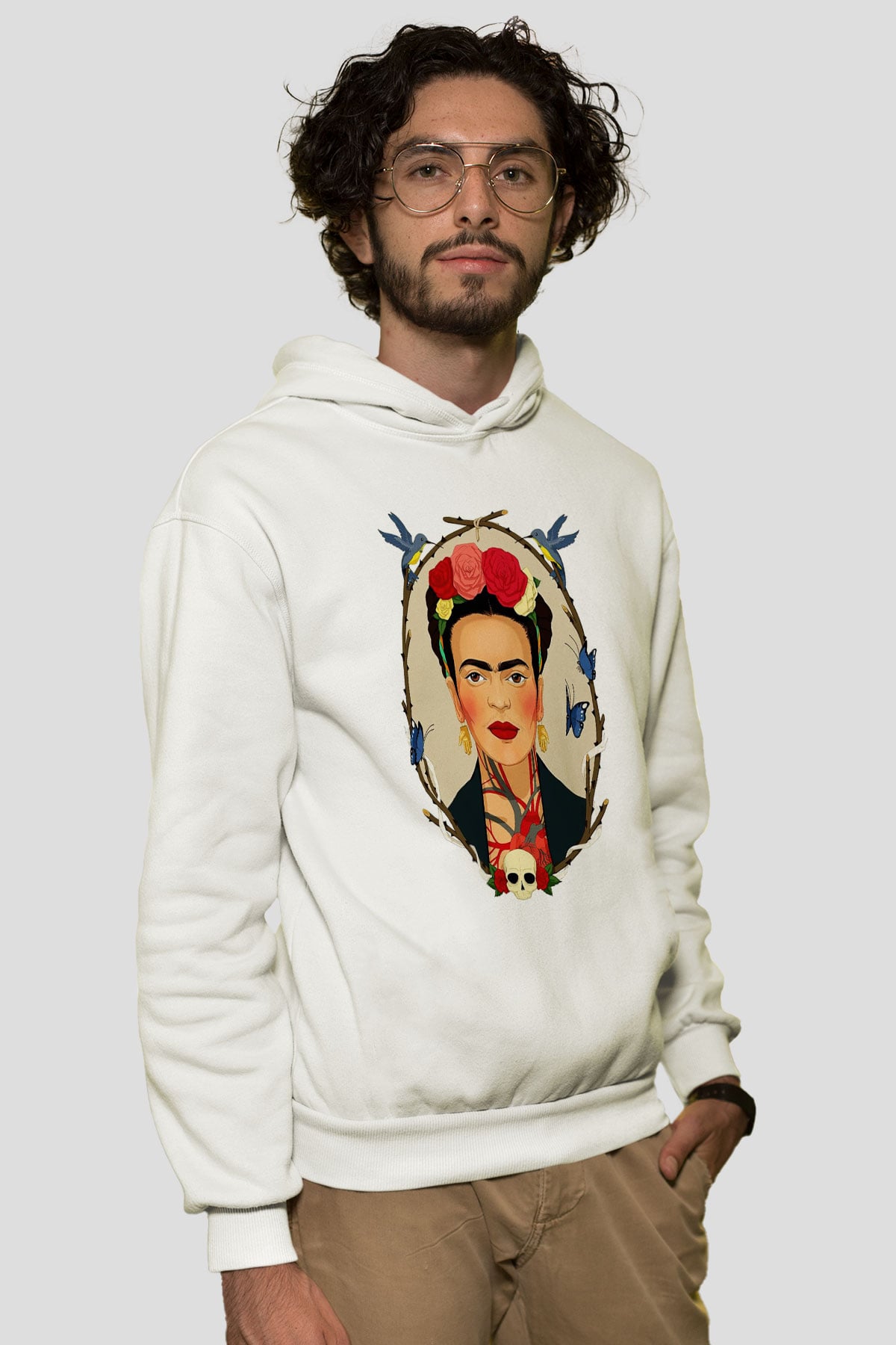 Frida Kahlo Beyaz Unisex Kapşonlu Sweatshirt