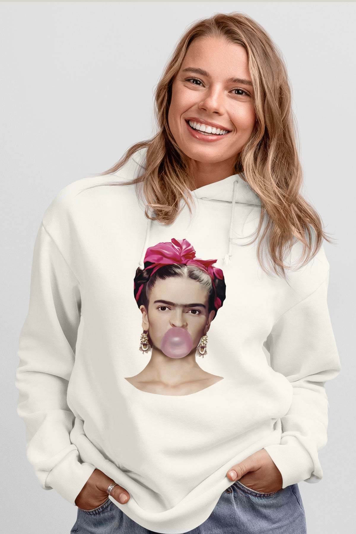 Frida Kahlo Beyaz Unisex Kapşonlu Sweatshirt