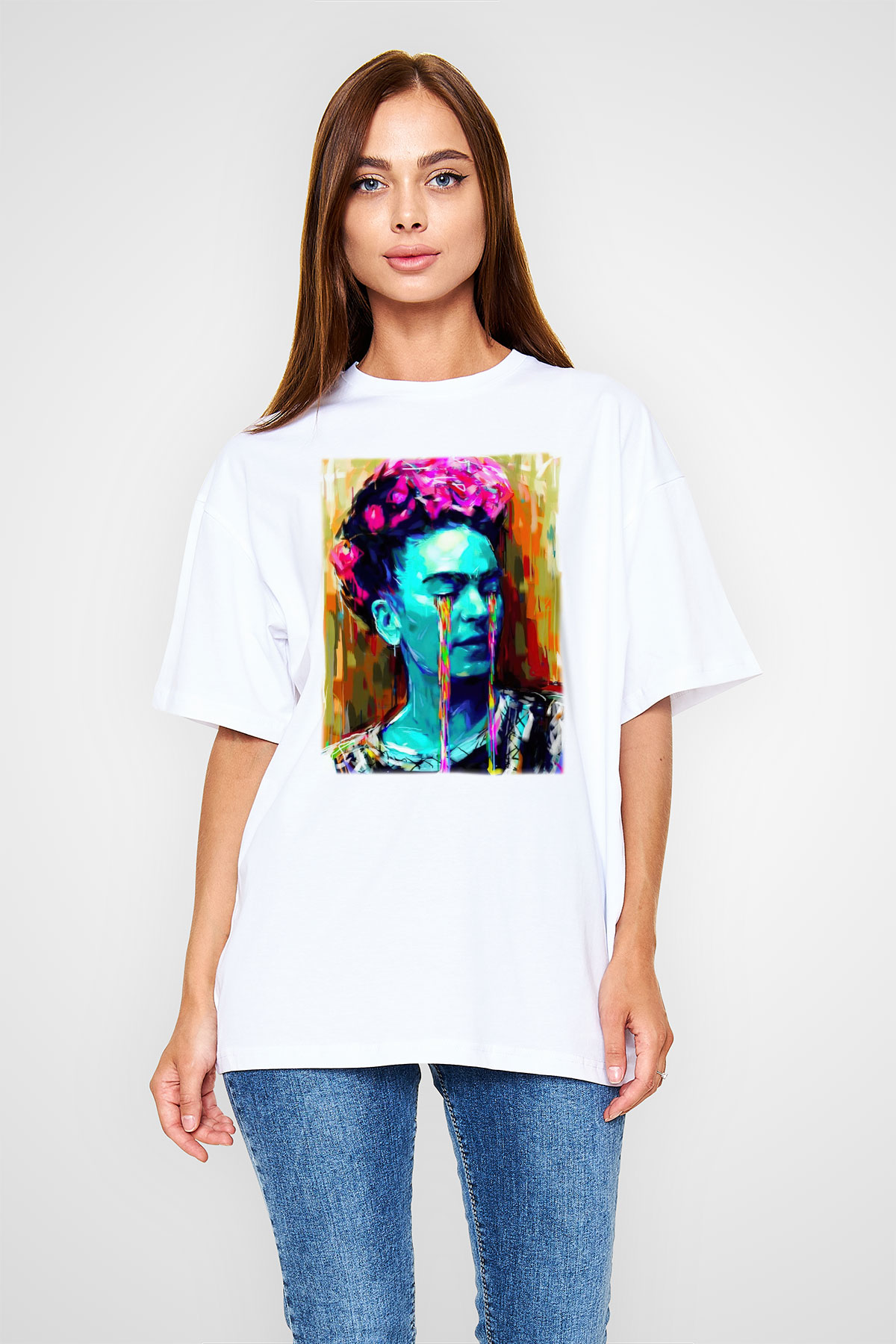 Frida Kahlo Beyaz Unisex Oversize Tişört T-Shirt