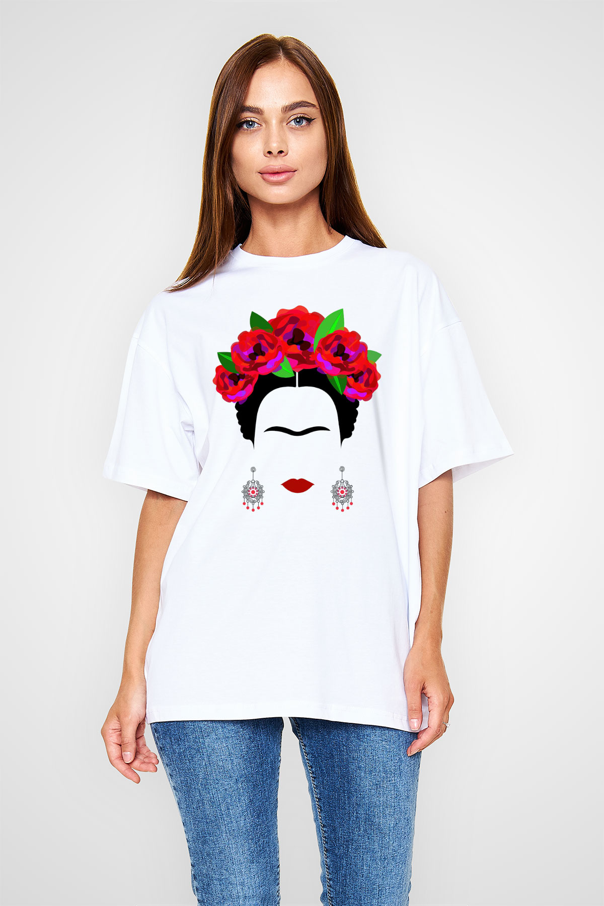 Frida Kahlo Beyaz Unisex Oversize Tişört T-Shirt