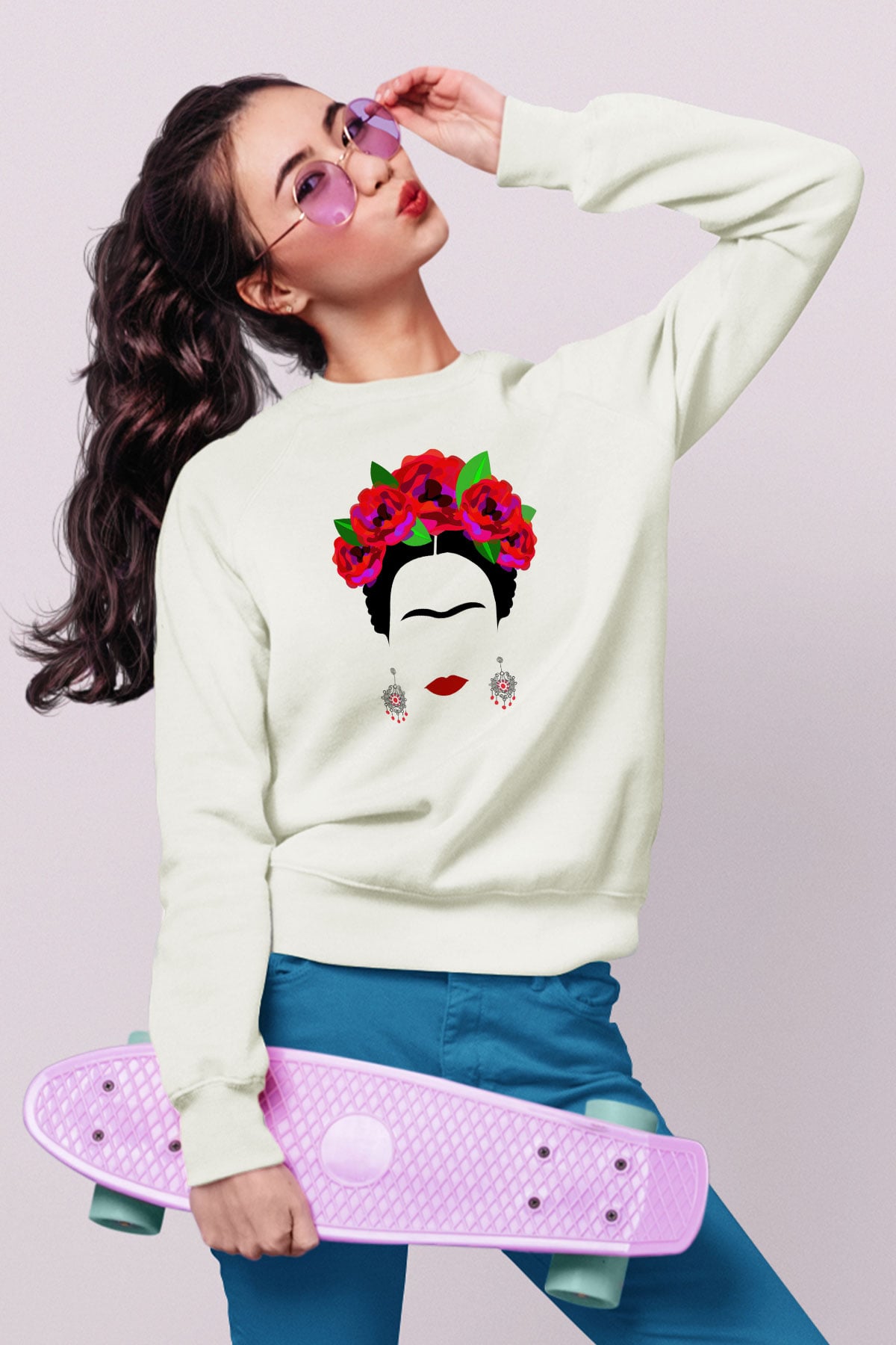 Frida Kahlo Beyaz Unisex Sweatshirt