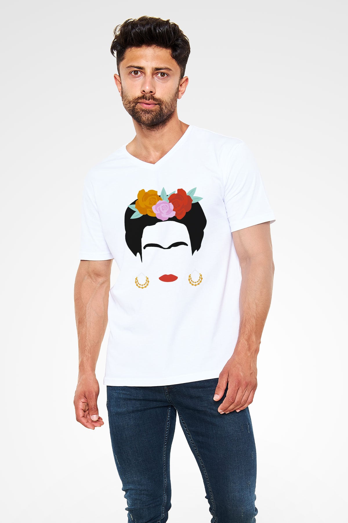 Frida Kahlo Beyaz Unisex V Yaka Tişört T-Shirt