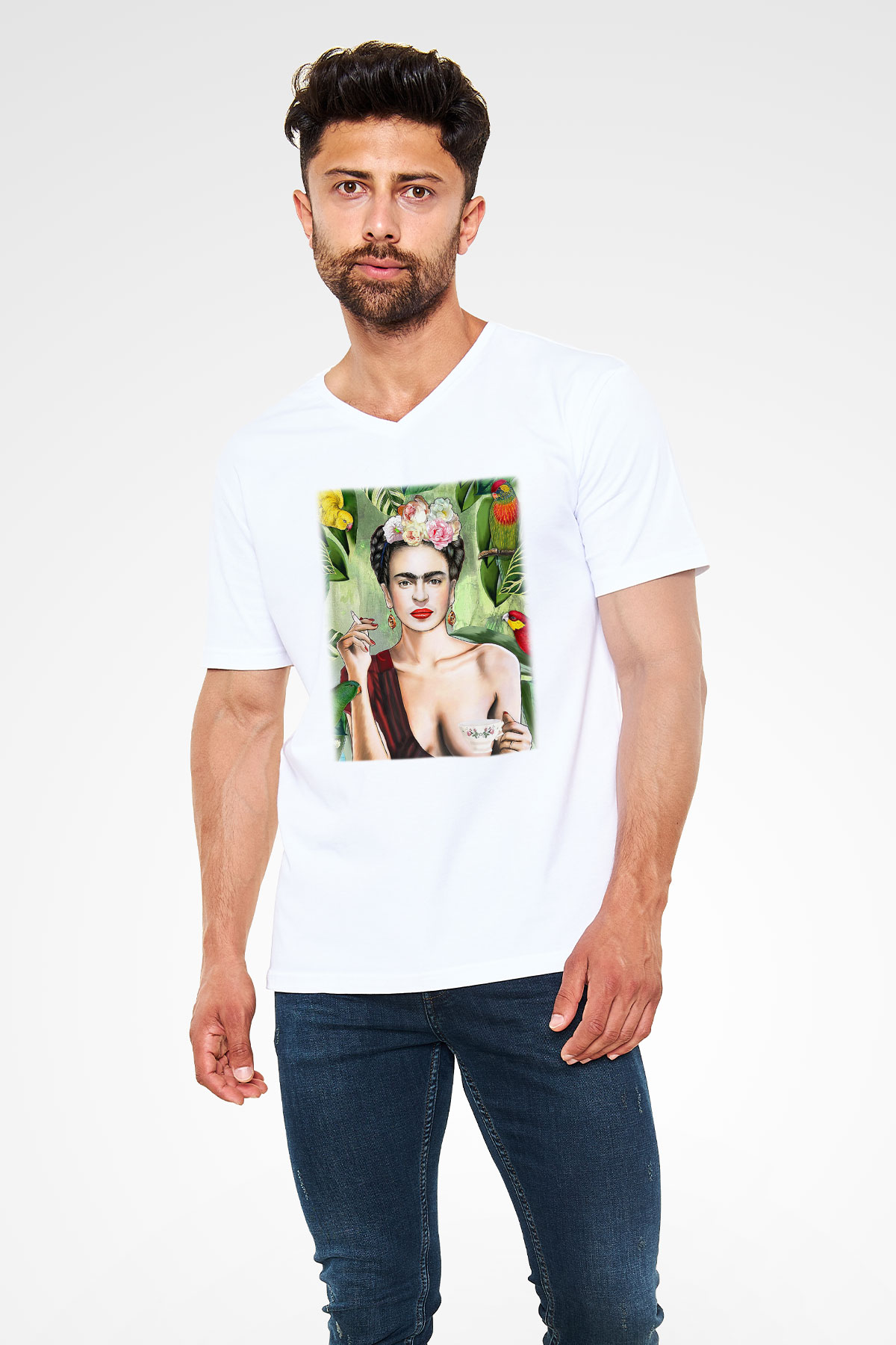 Frida Kahlo Beyaz Unisex V Yaka Tişört T-Shirt