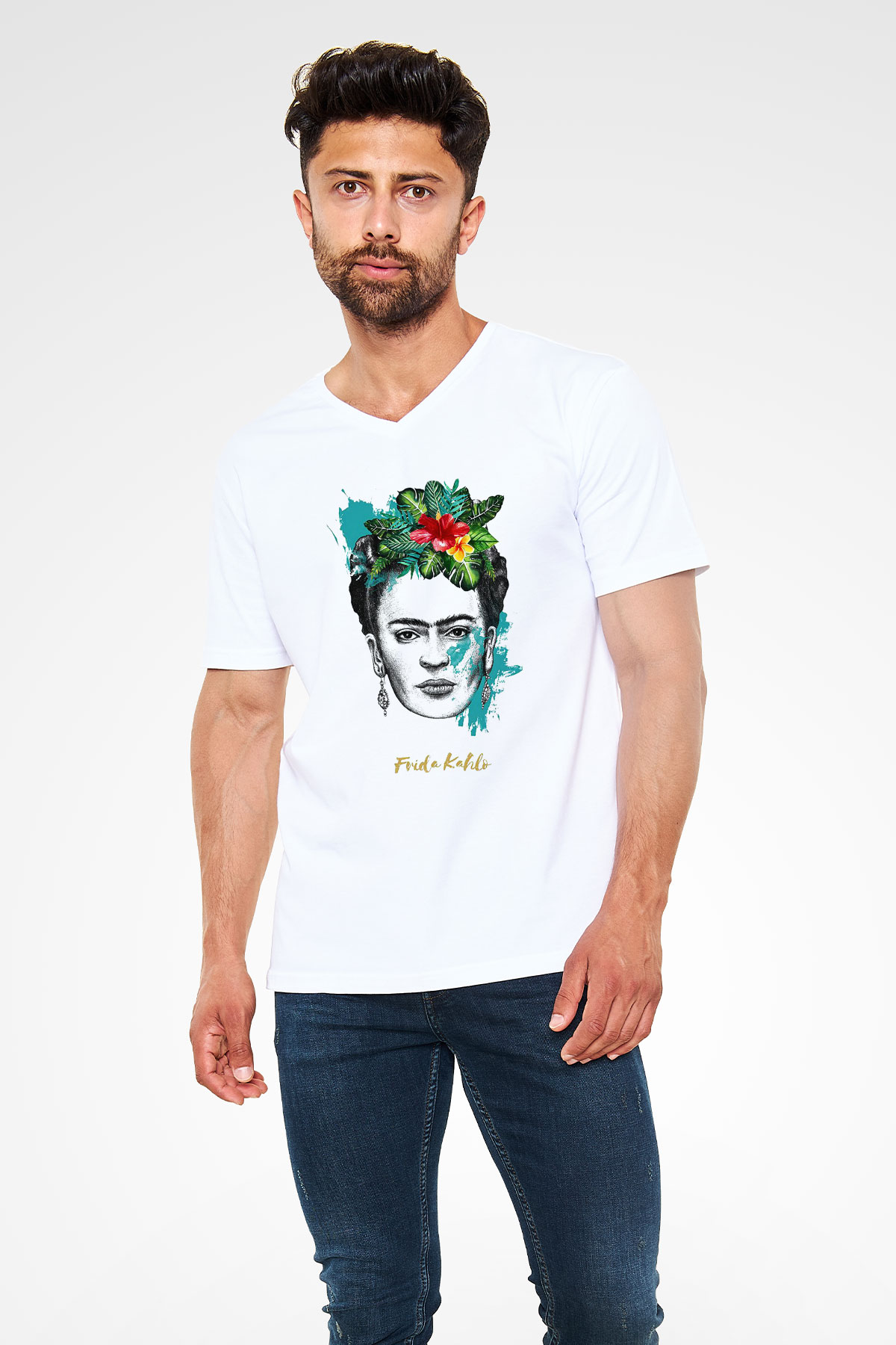 Frida Kahlo Beyaz Unisex V Yaka Tişört T-Shirt