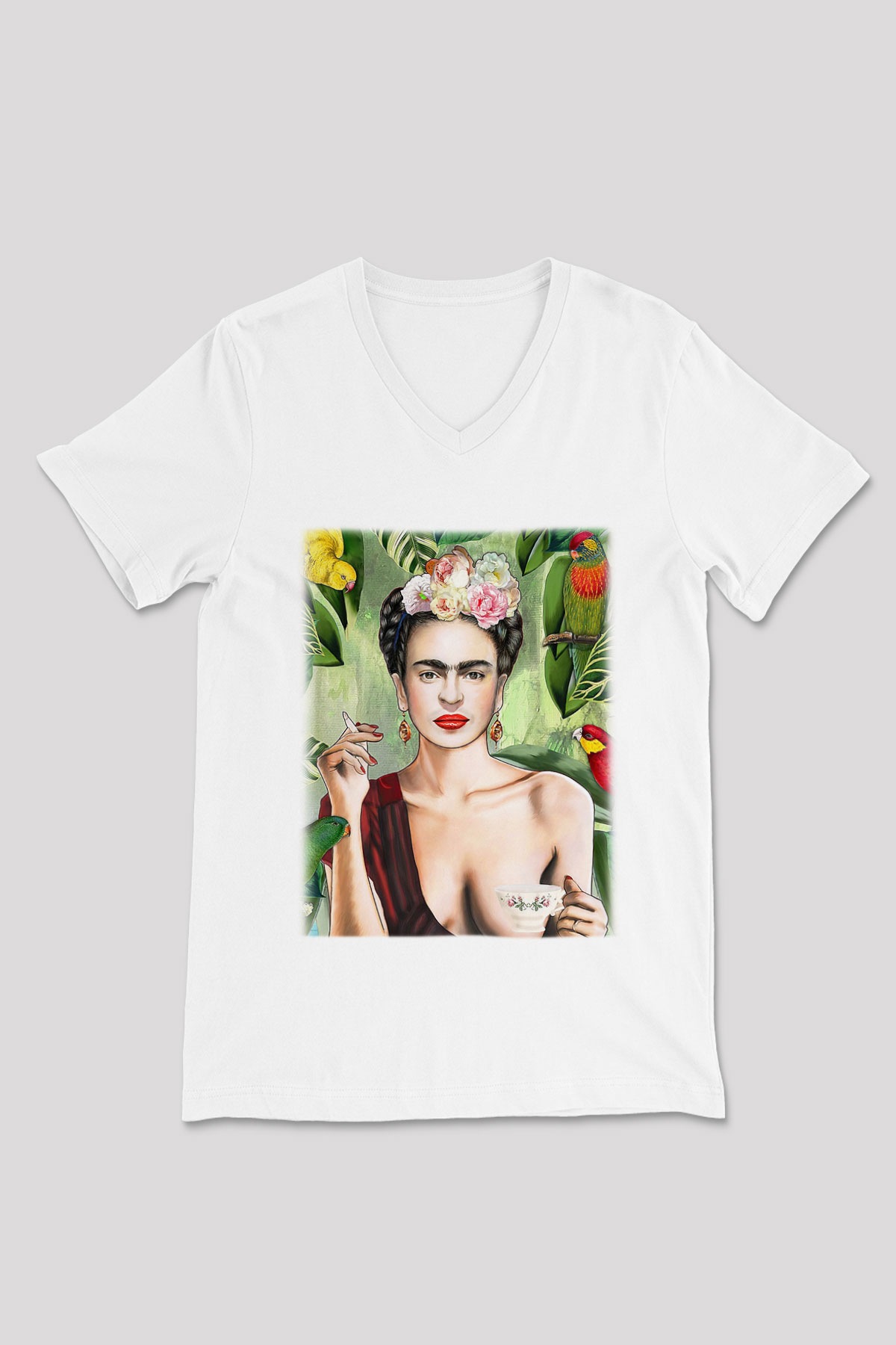 Frida Kahlo Beyaz Unisex V Yaka Tişört T-Shirt
