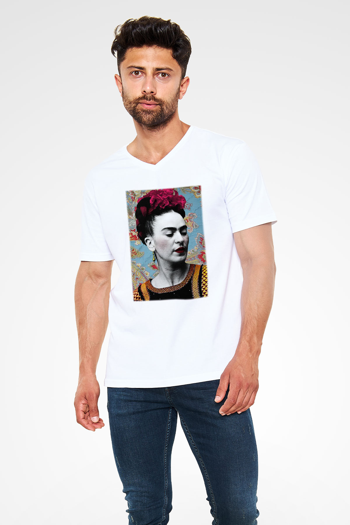 Frida Kahlo Beyaz Unisex V Yaka Tişört T-Shirt