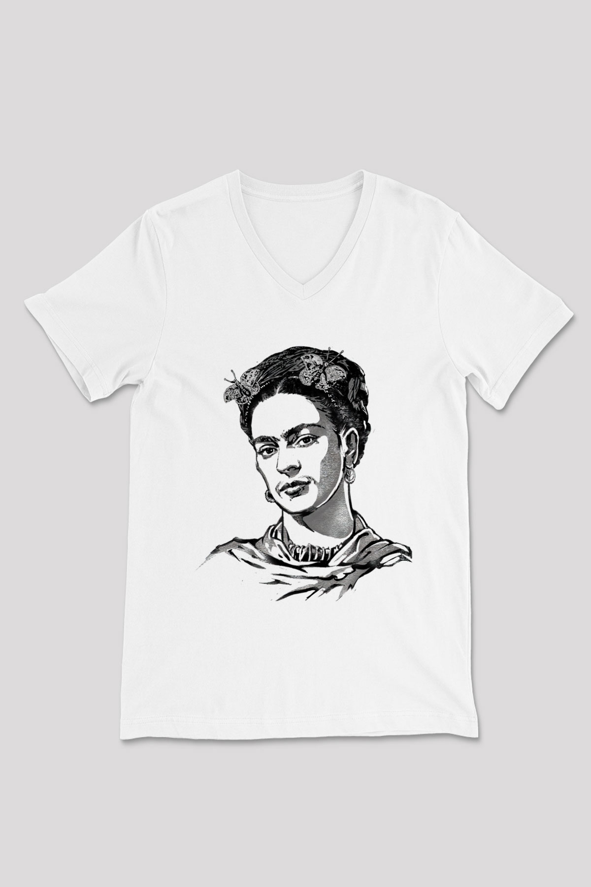 Frida Kahlo Beyaz Unisex V Yaka Tişört