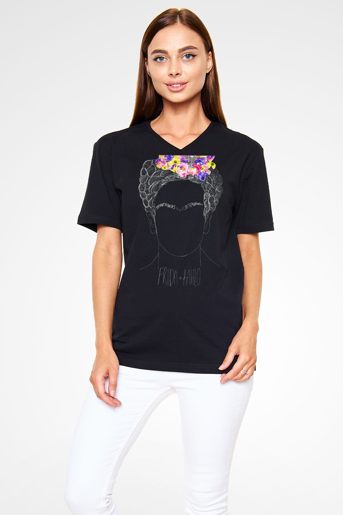 Frida Kahlo Siyah Unisex V Yaka Tişört T-Shirt