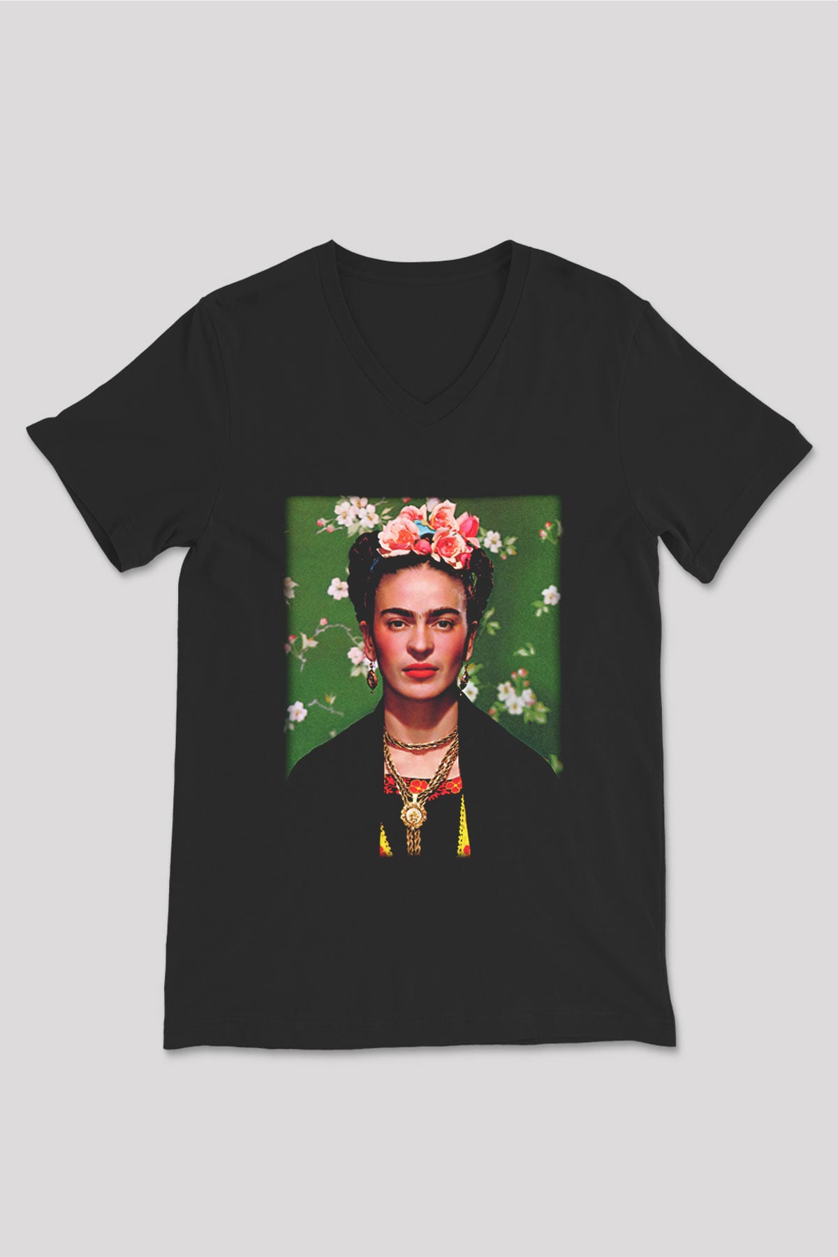 Frida Kahlo Siyah Unisex V Yaka Tişört T-Shirt