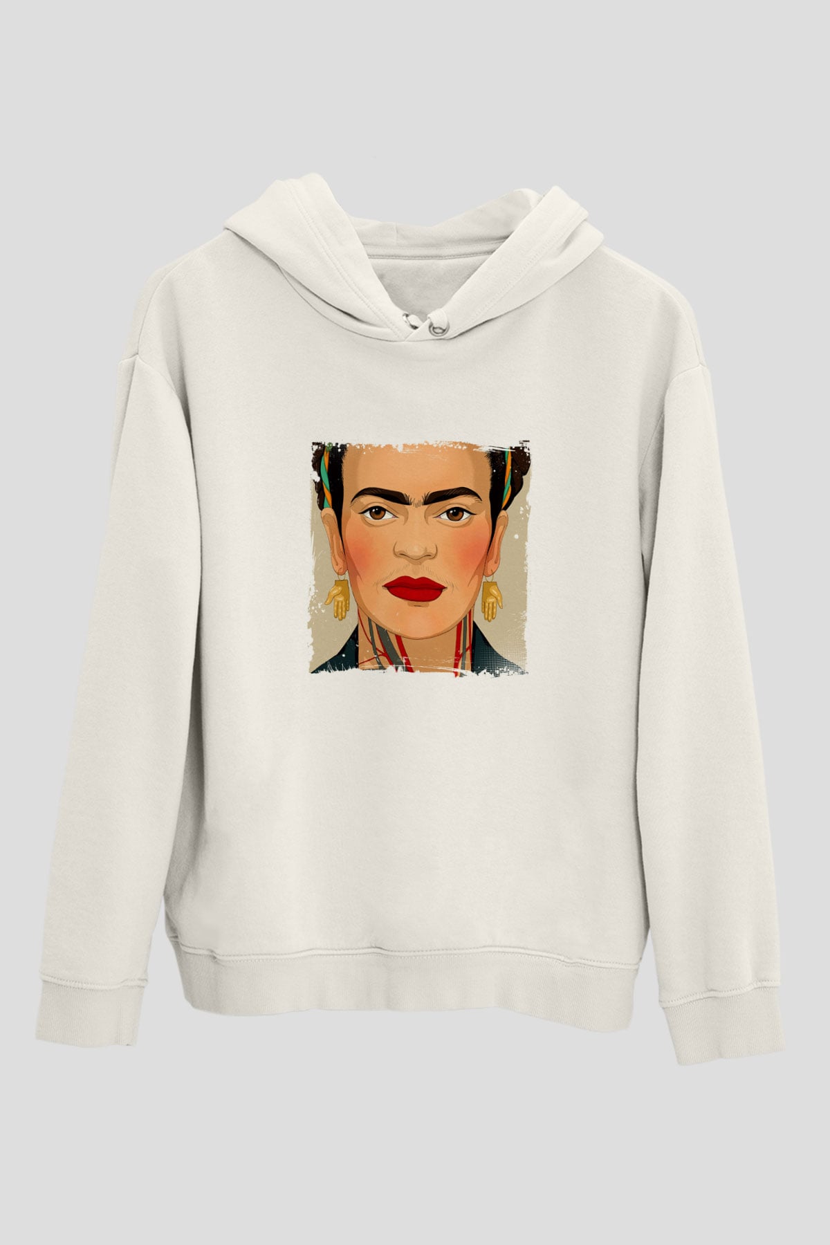 Frida Kahlo Unisex Baskılı Beyaz Kapüşonlu Sweatshirt