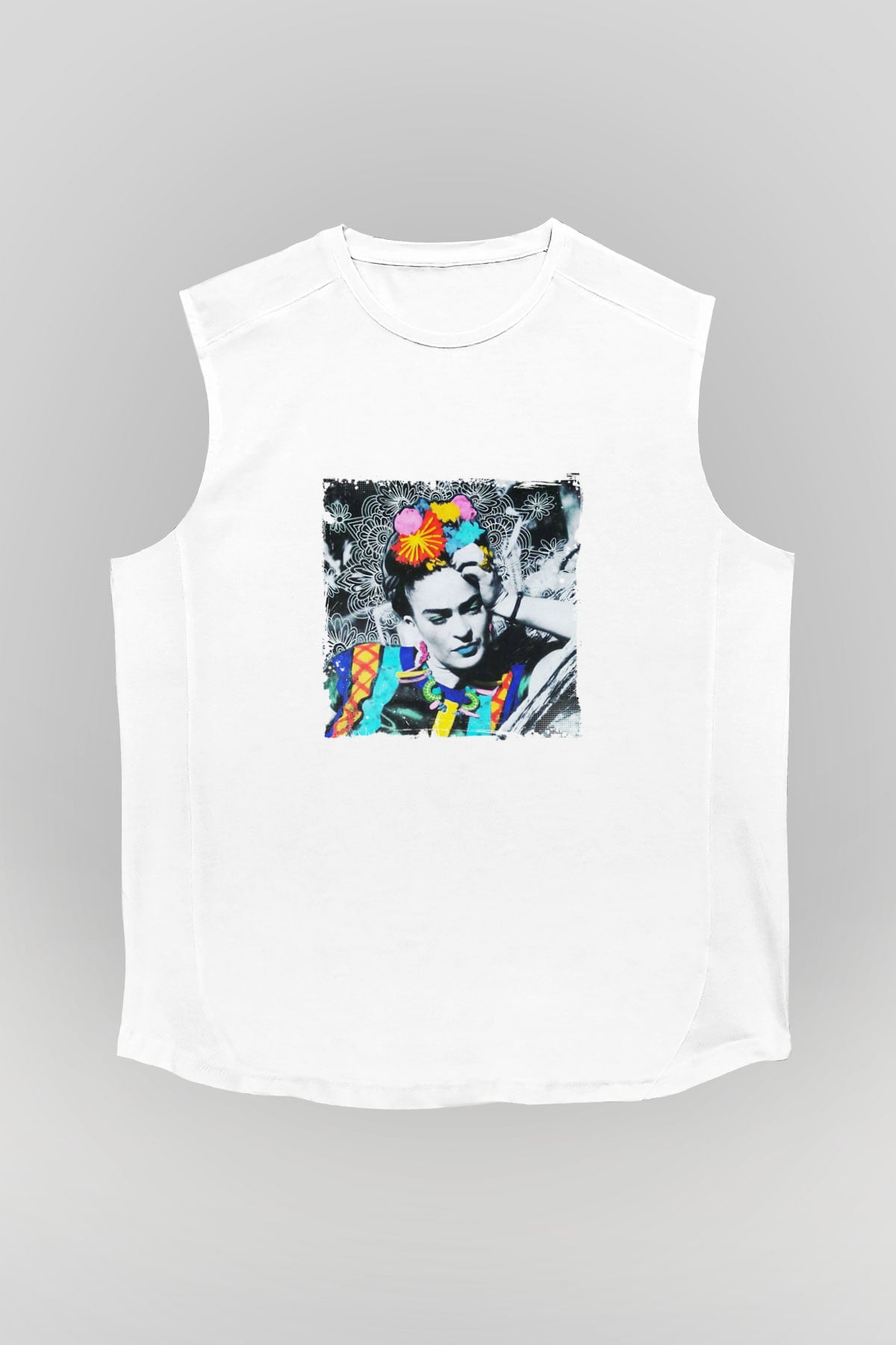 Frida Kahlo Unisex Baskılı Beyaz Kolsuz Tişört