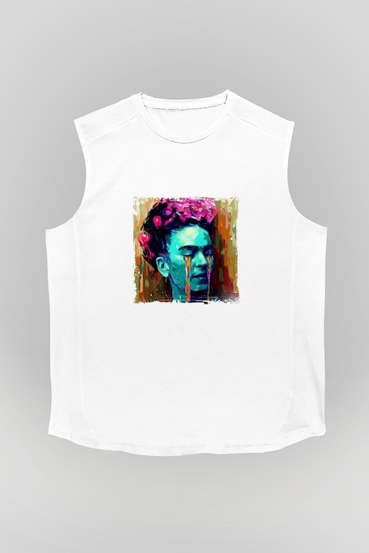 Frida Kahlo Unisex Baskılı Beyaz Kolsuz Tişört