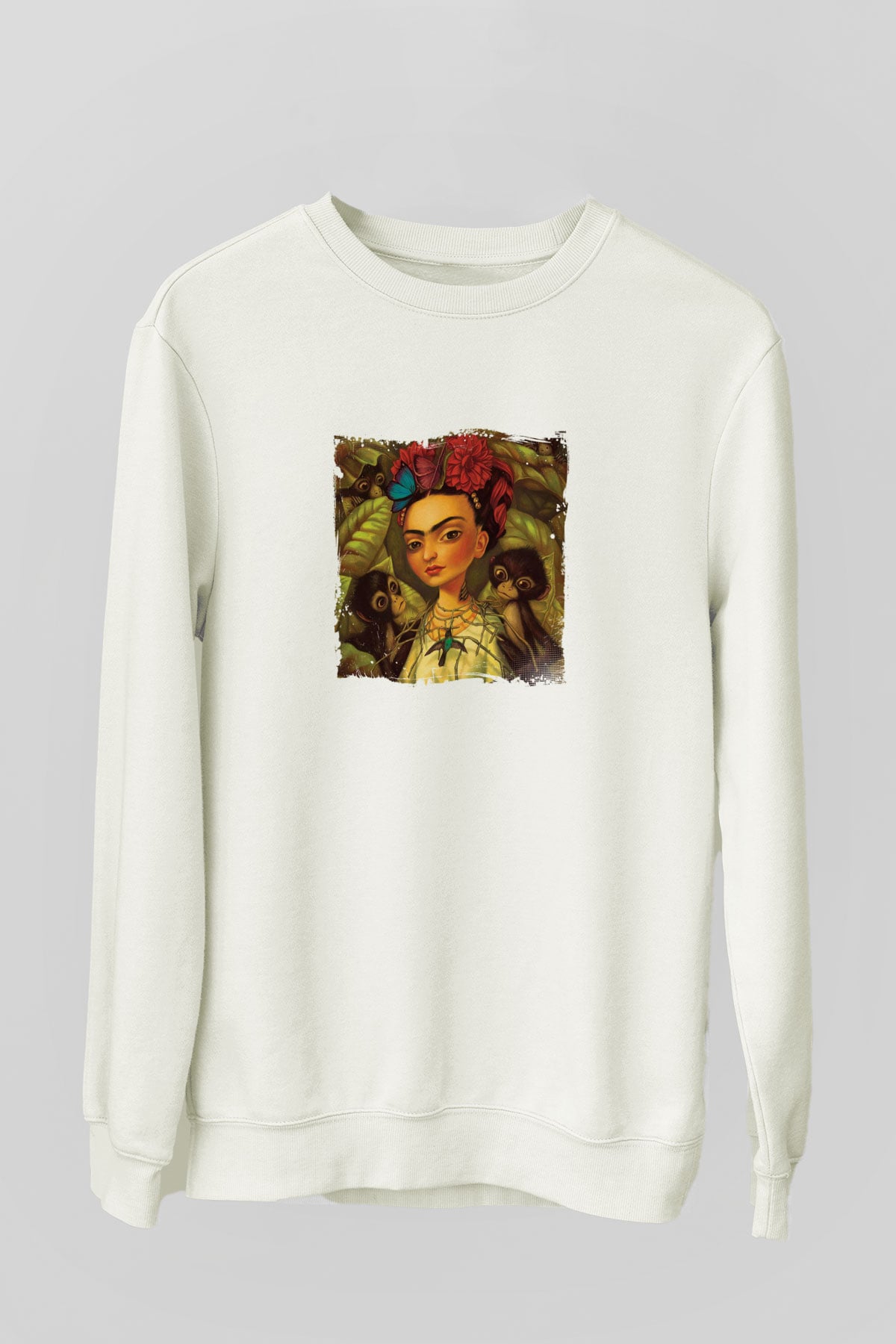 Frida Kahlo Unisex Baskılı Beyaz Sweatshirt