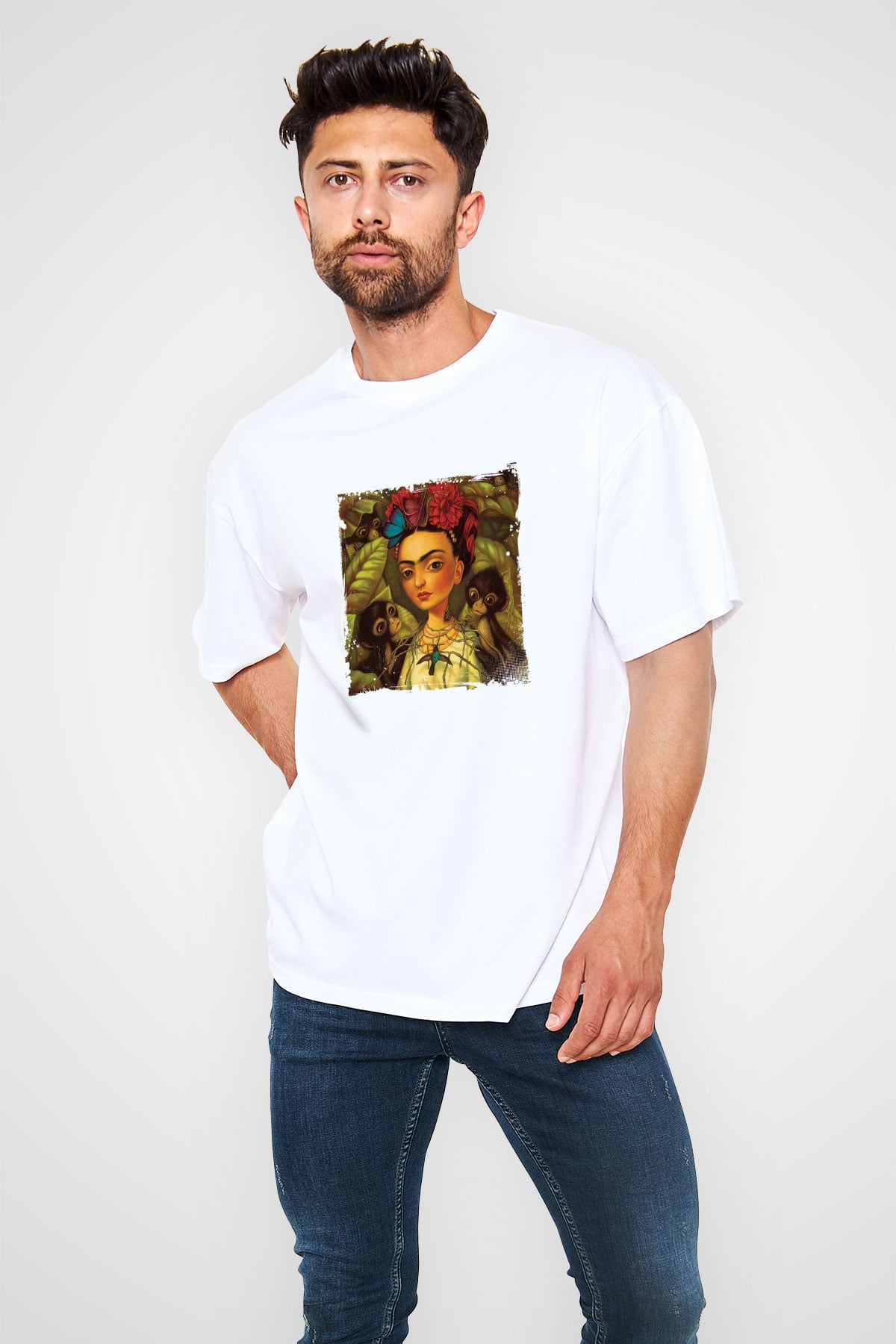 Frida Kahlo Unisex Baskılı Beyaz Tişört