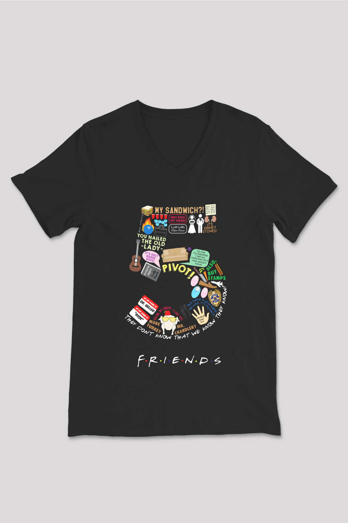 Friends Siyah Unisex V Yaka Tişört