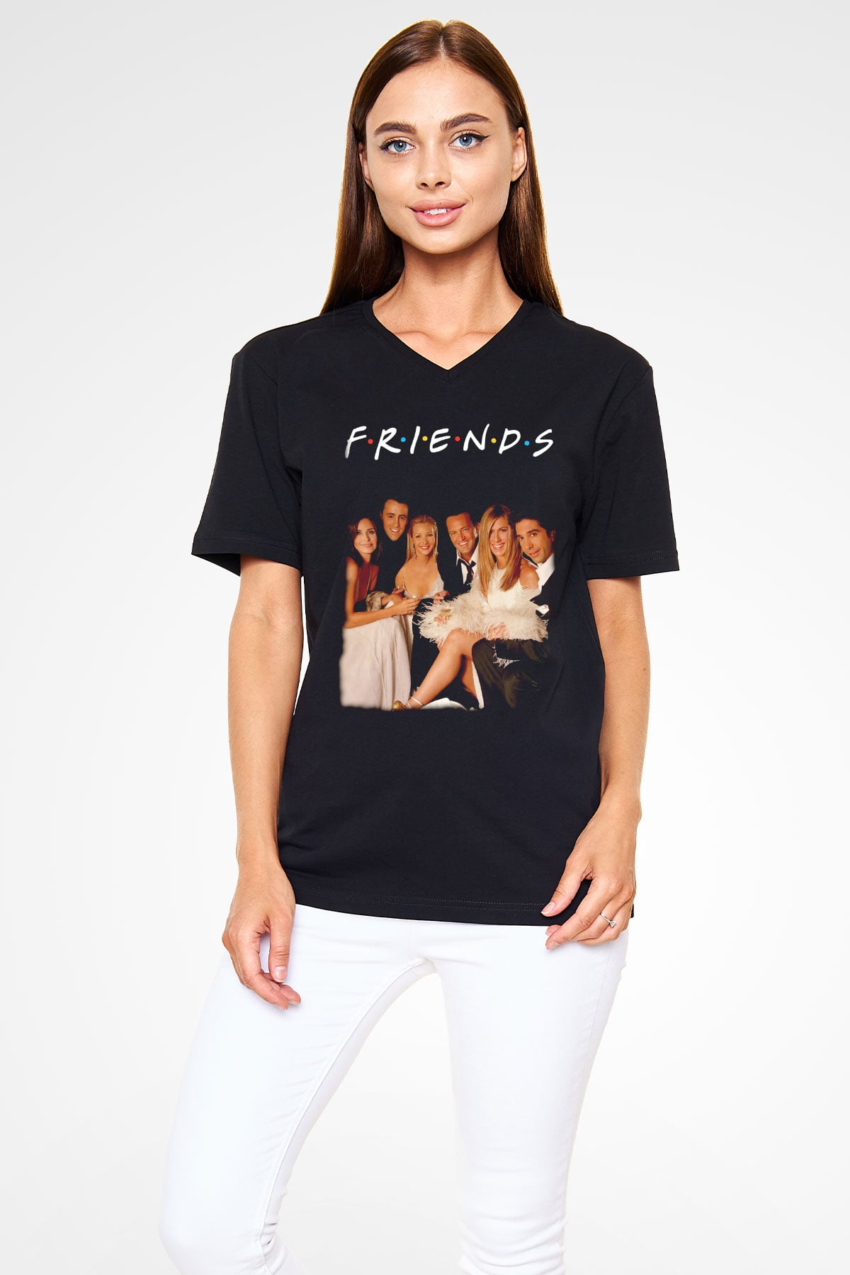 Friends Siyah Unisex  V Yaka Tişört