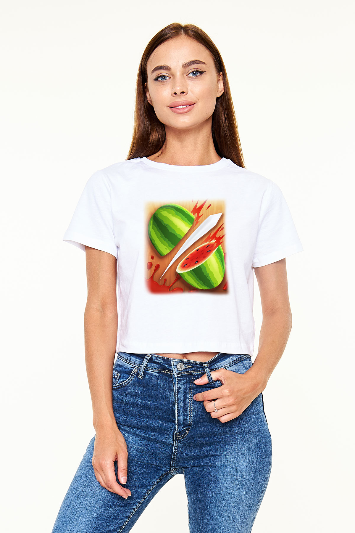 Fruit Ninja Beyaz Croptop Tişört