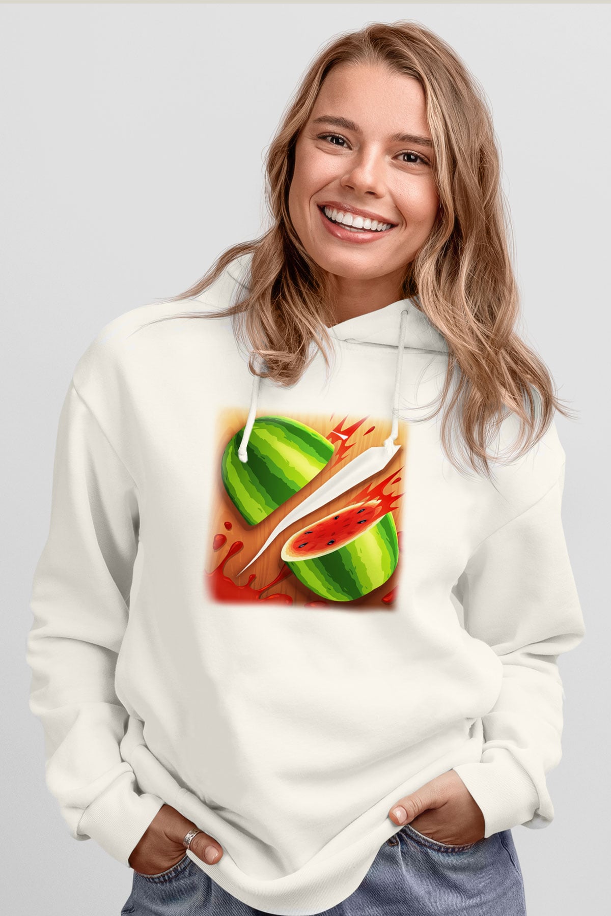 Fruit Ninja Beyaz Unisex Kapşonlu Sweatshirt
