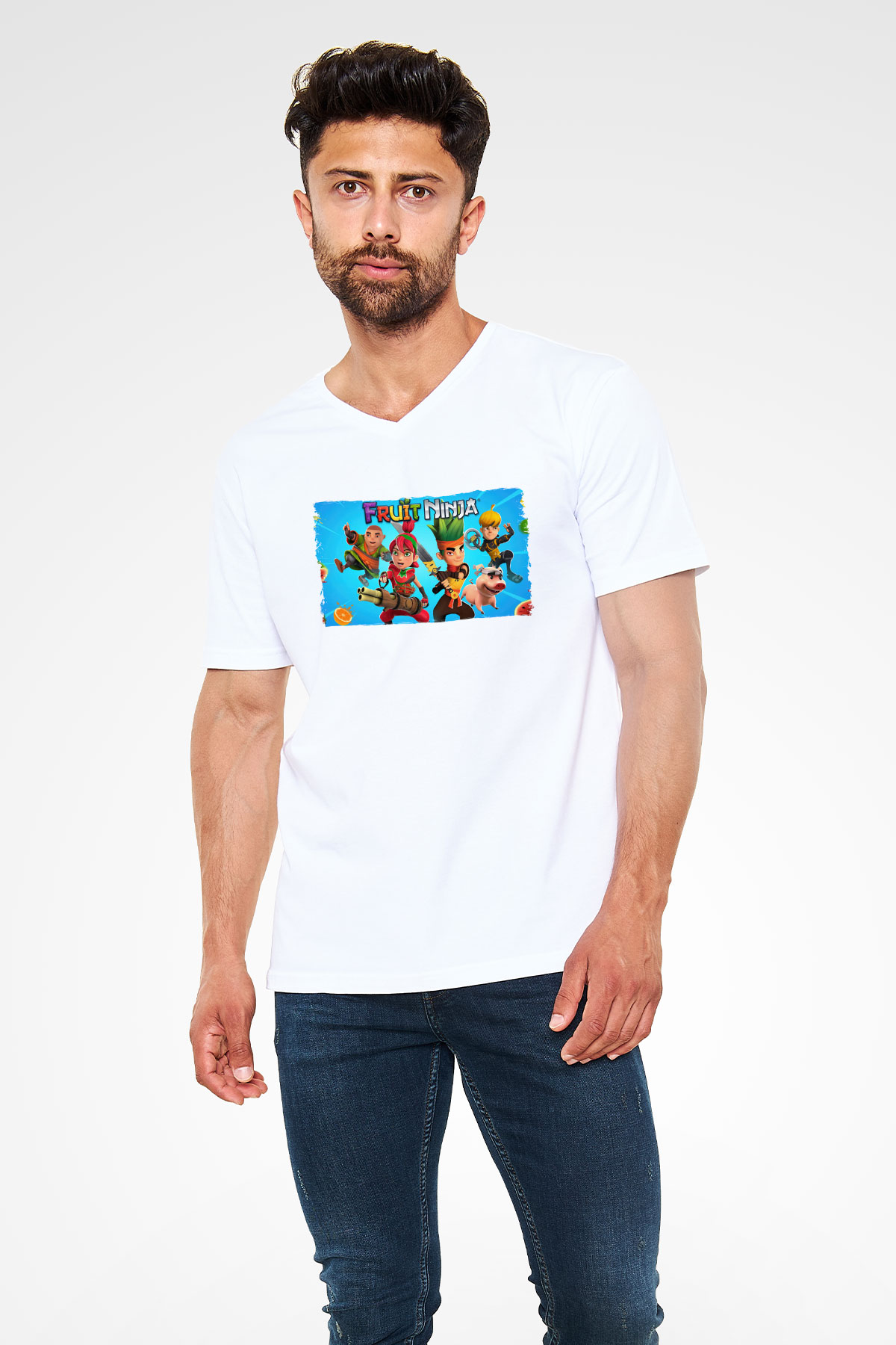 Fruit Ninja Beyaz Unisex V Yaka Tişört