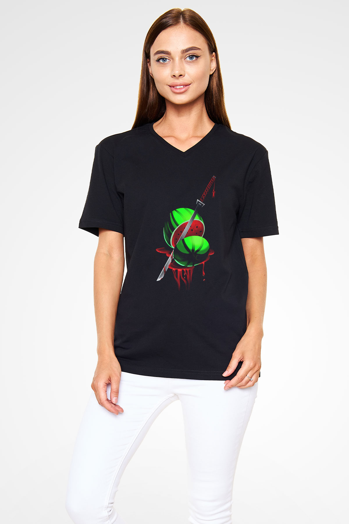 Fruit Ninja Siyah Unisex V Yaka Tişört