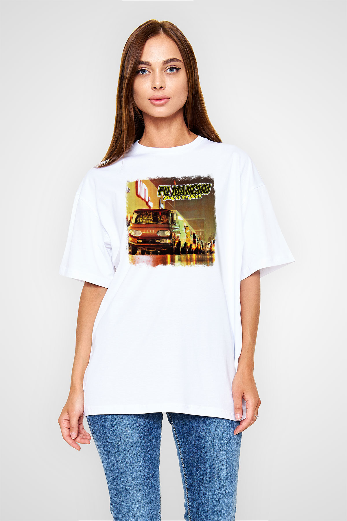 Fu Manchu Baskılı Unisex Beyaz Oversize Tişört