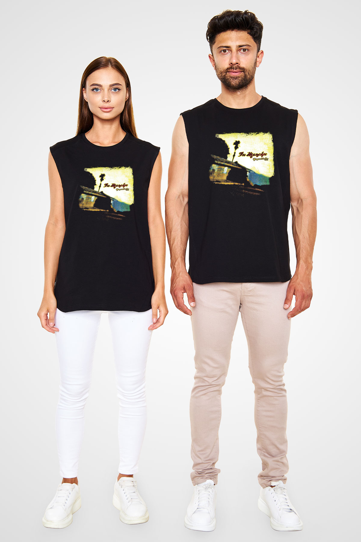 Fu Manchu Baskılı Unisex Siyah Kolsuz Tişört