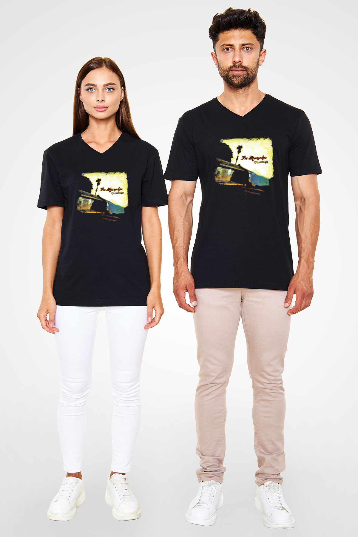 Fu Manchu Baskılı Unisex Siyah V Yaka Tişört