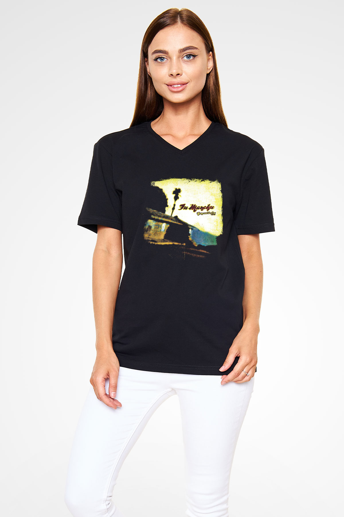 Fu Manchu Baskılı Unisex Siyah V Yaka Tişört