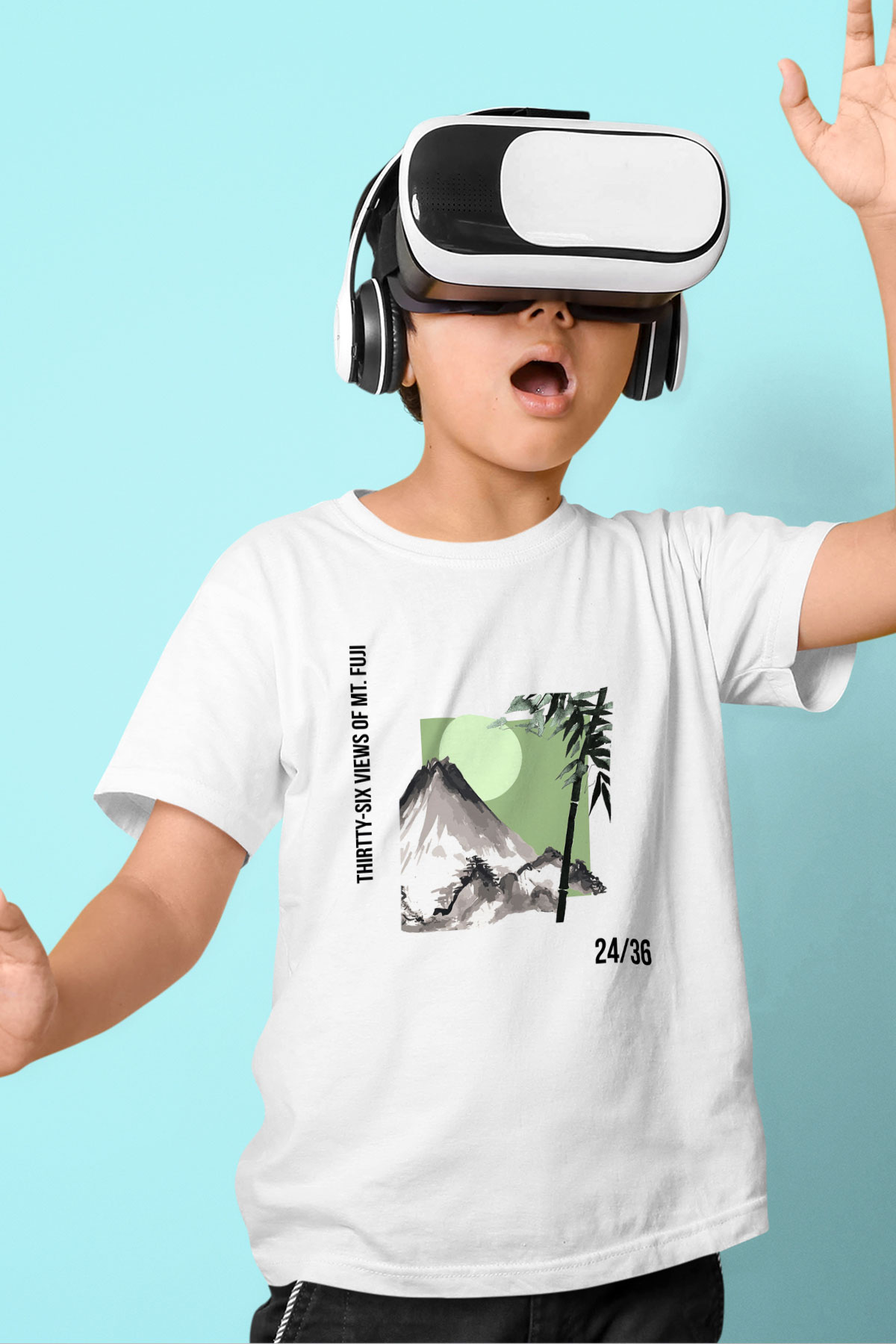 Fuji Dağı Baskılı Beyaz Unisex Çocuk Tişört