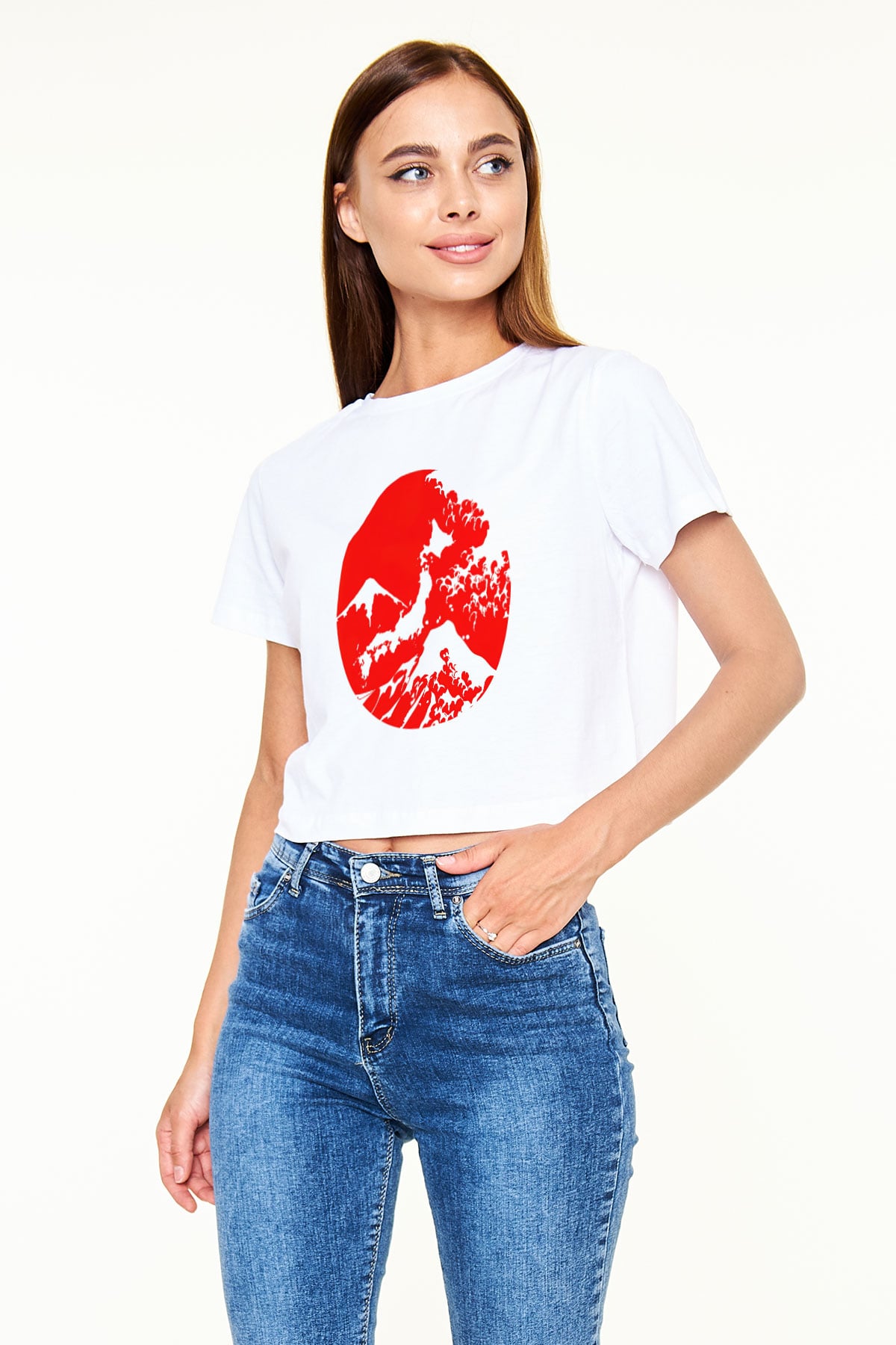 Fuji Dağı Beyaz Croptop Tişört