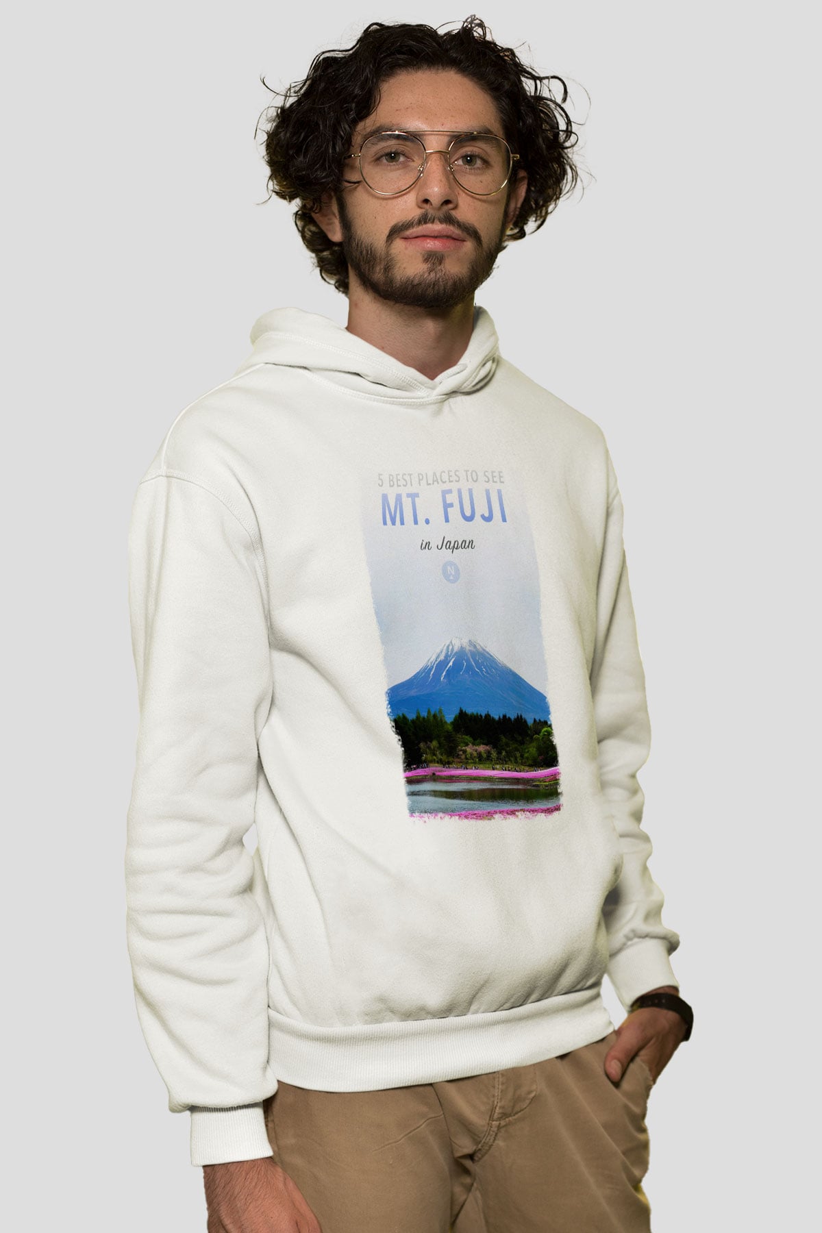 Fuji Dağı Beyaz Unisex Kapşonlu Sweatshirt