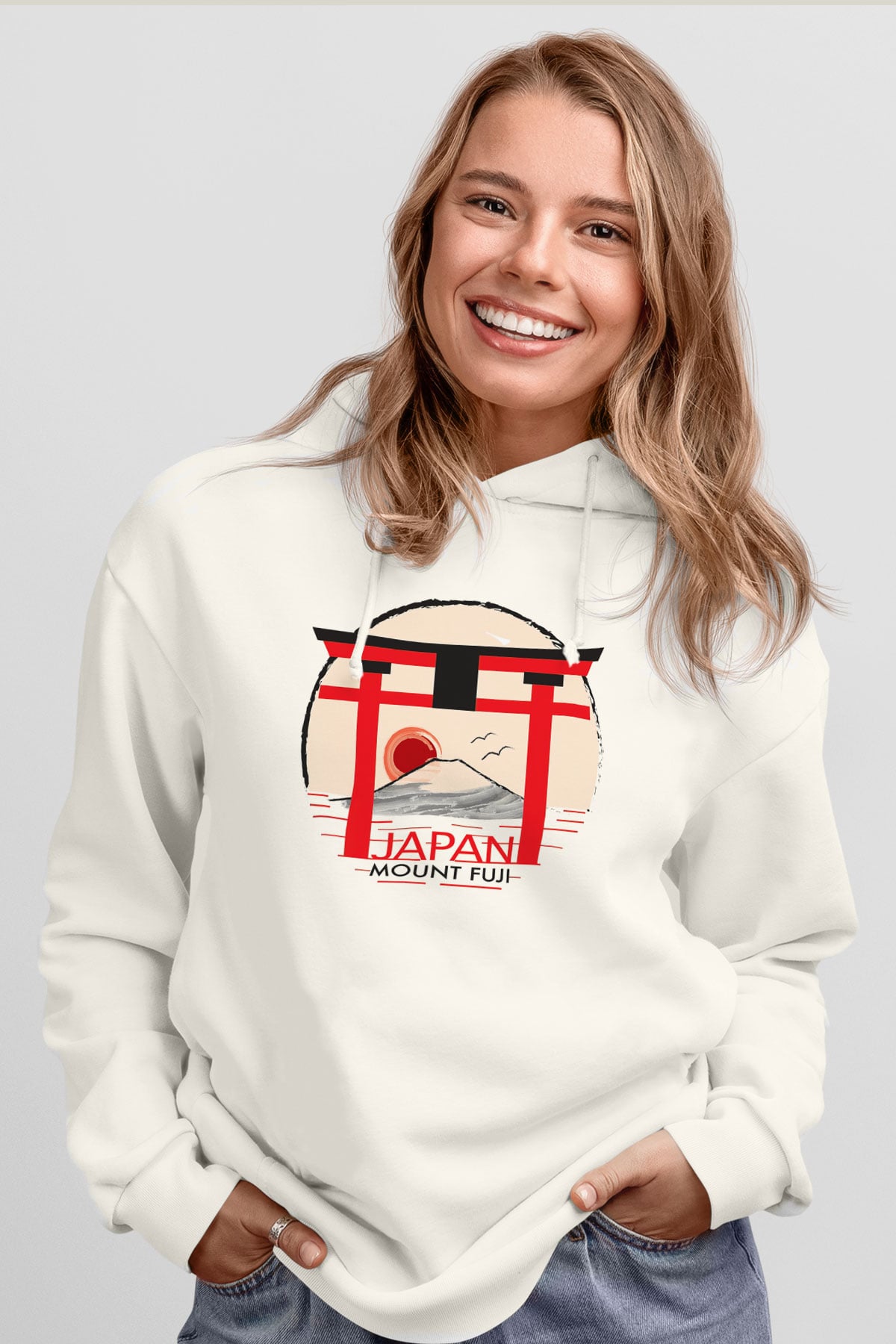 Fuji Dağı Beyaz Unisex Kapşonlu Sweatshirt