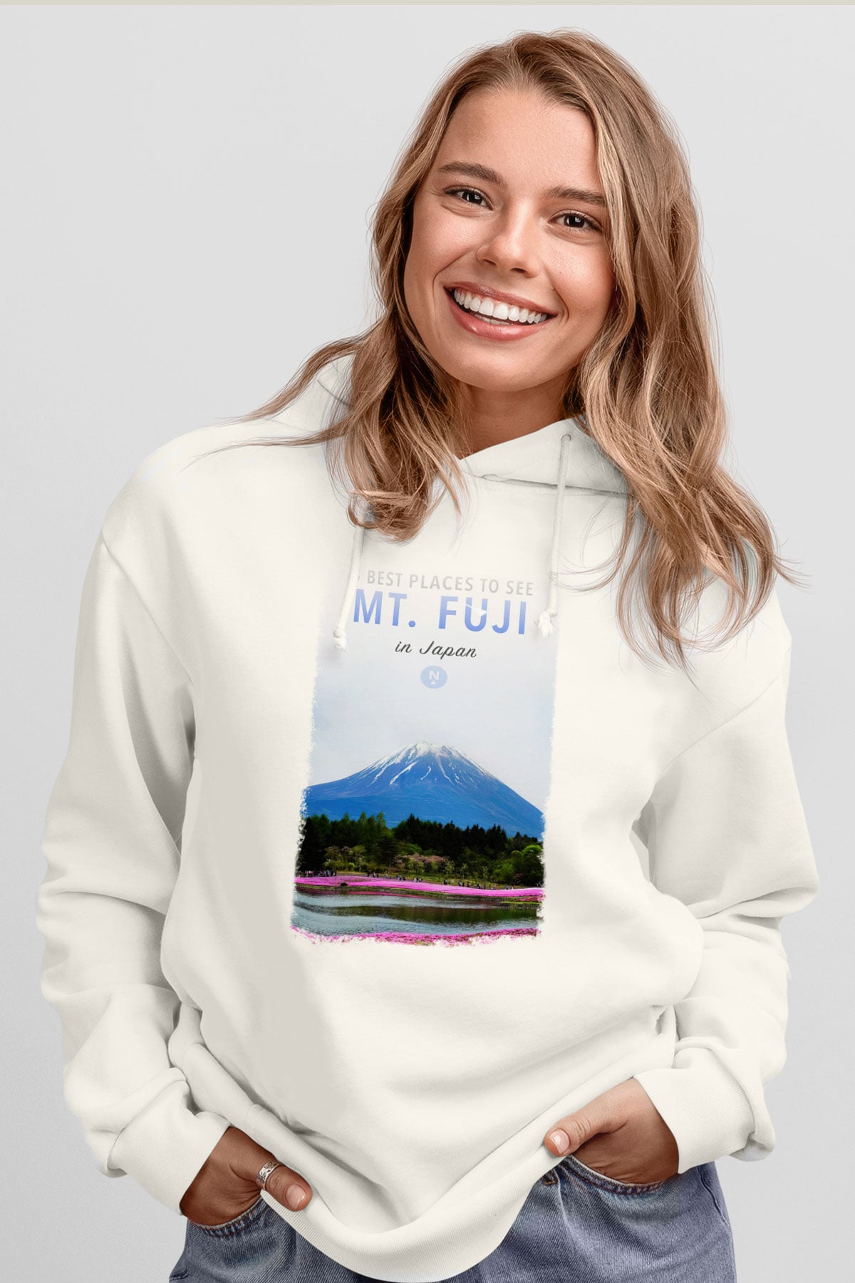 Fuji Dağı Beyaz Unisex Kapşonlu Sweatshirt