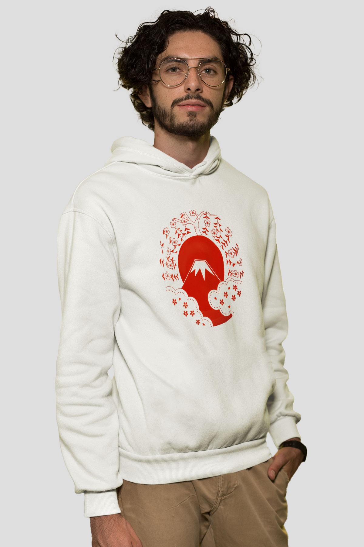 Fuji Dağı Beyaz Unisex Kapşonlu Sweatshirt