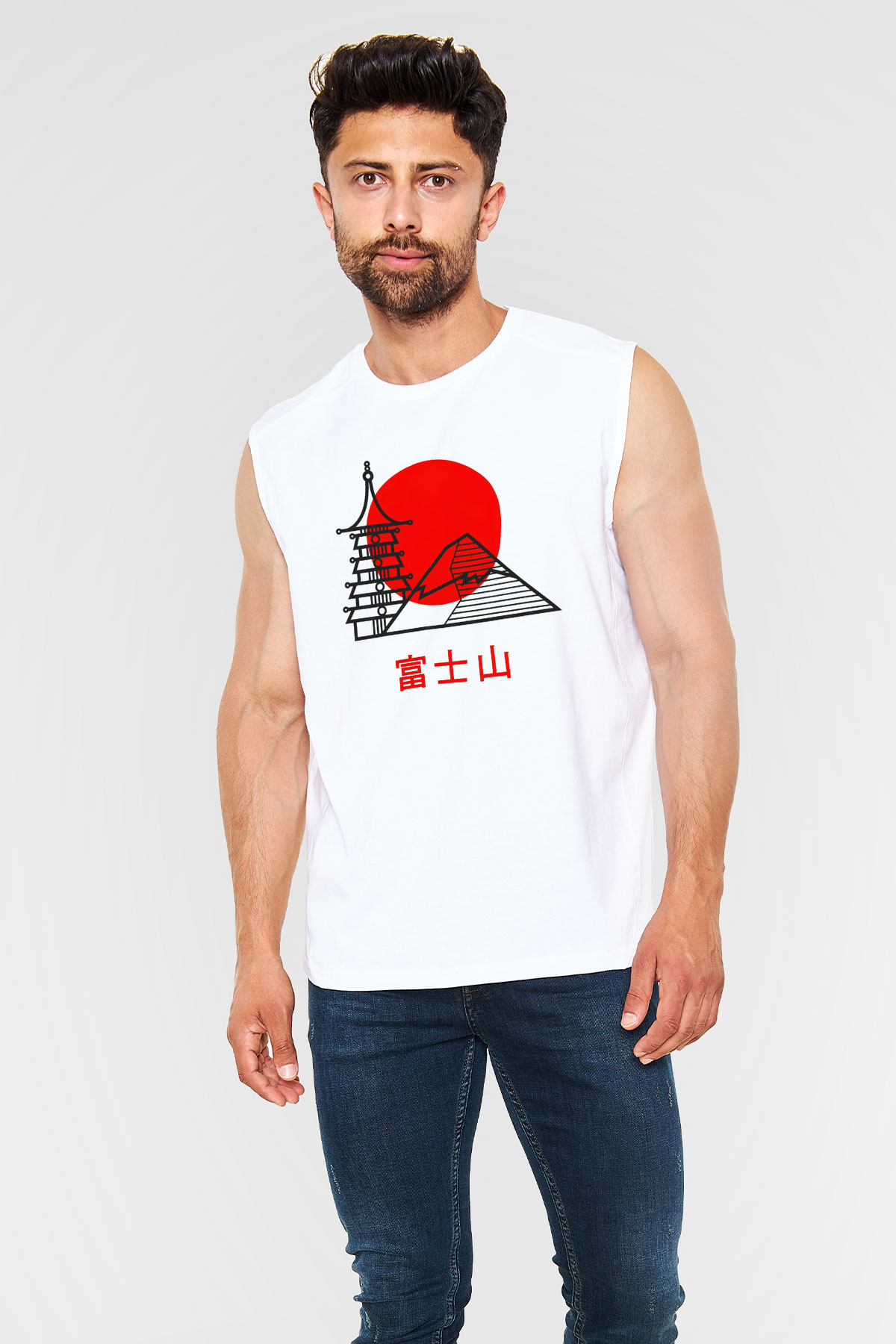 Fuji Dağı Beyaz Unisex Kolsuz Tişört