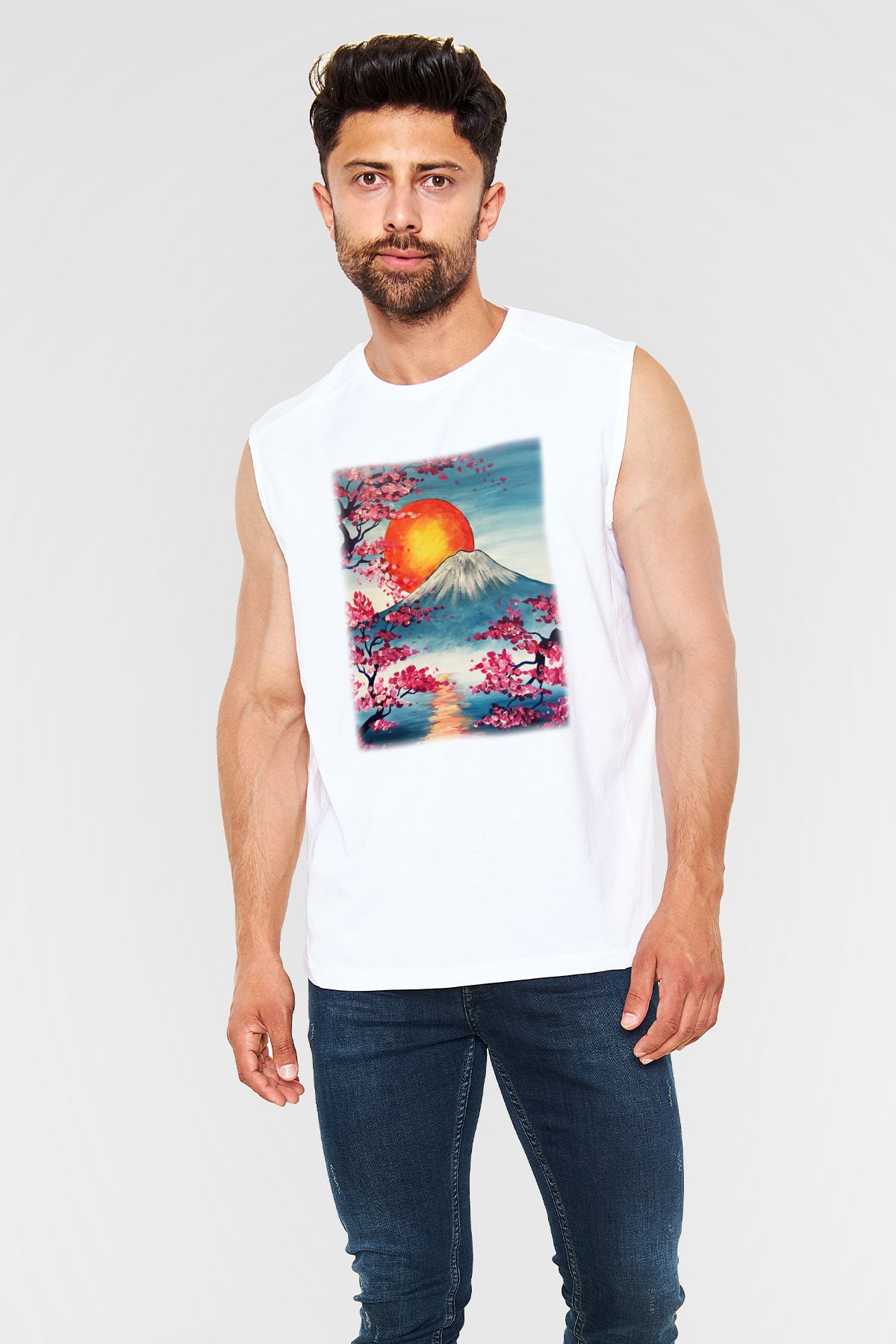 Fuji Dağı Beyaz Unisex Kolsuz Tişört