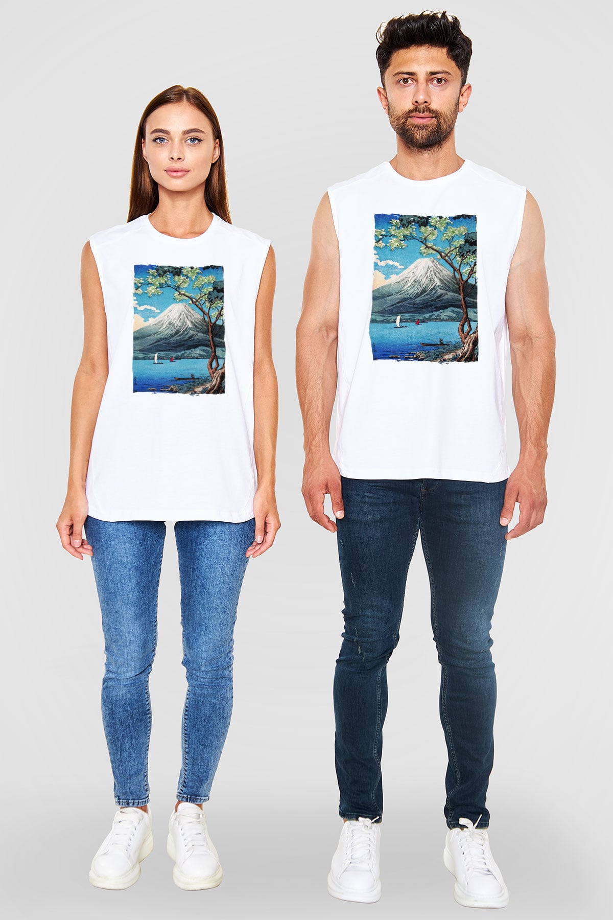 Fuji Dağı Beyaz Unisex Kolsuz Tişört