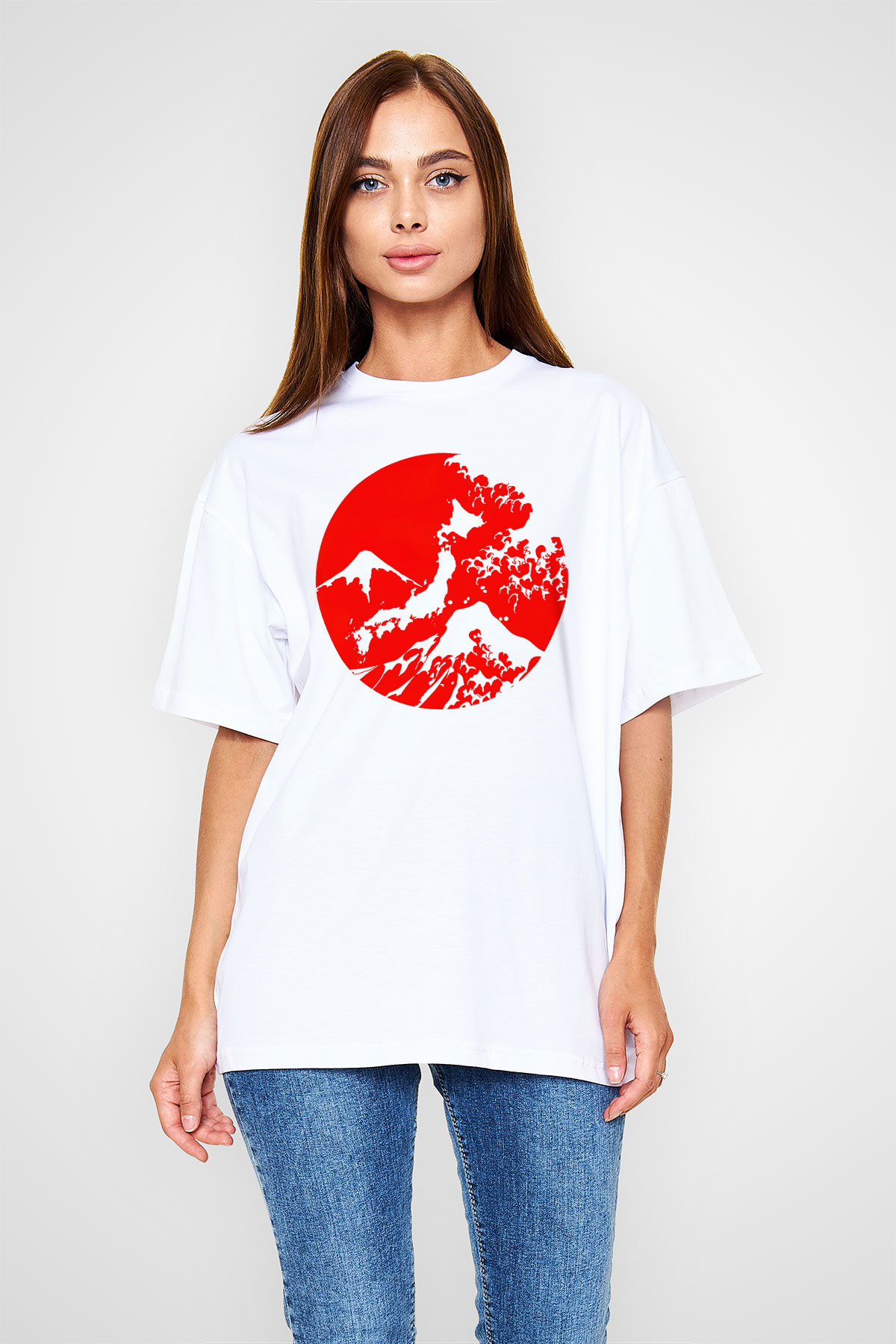 Fuji Dağı Beyaz Unisex Oversize Tişört T-Shirt