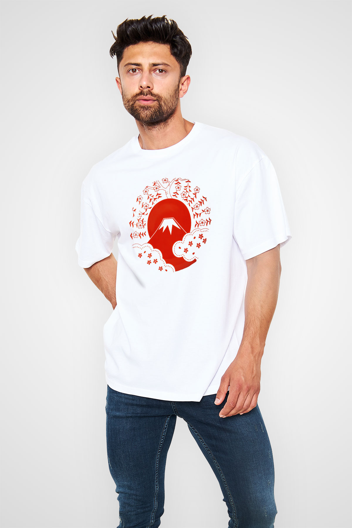 Fuji Dağı Beyaz Unisex Oversize Tişört T-Shirt