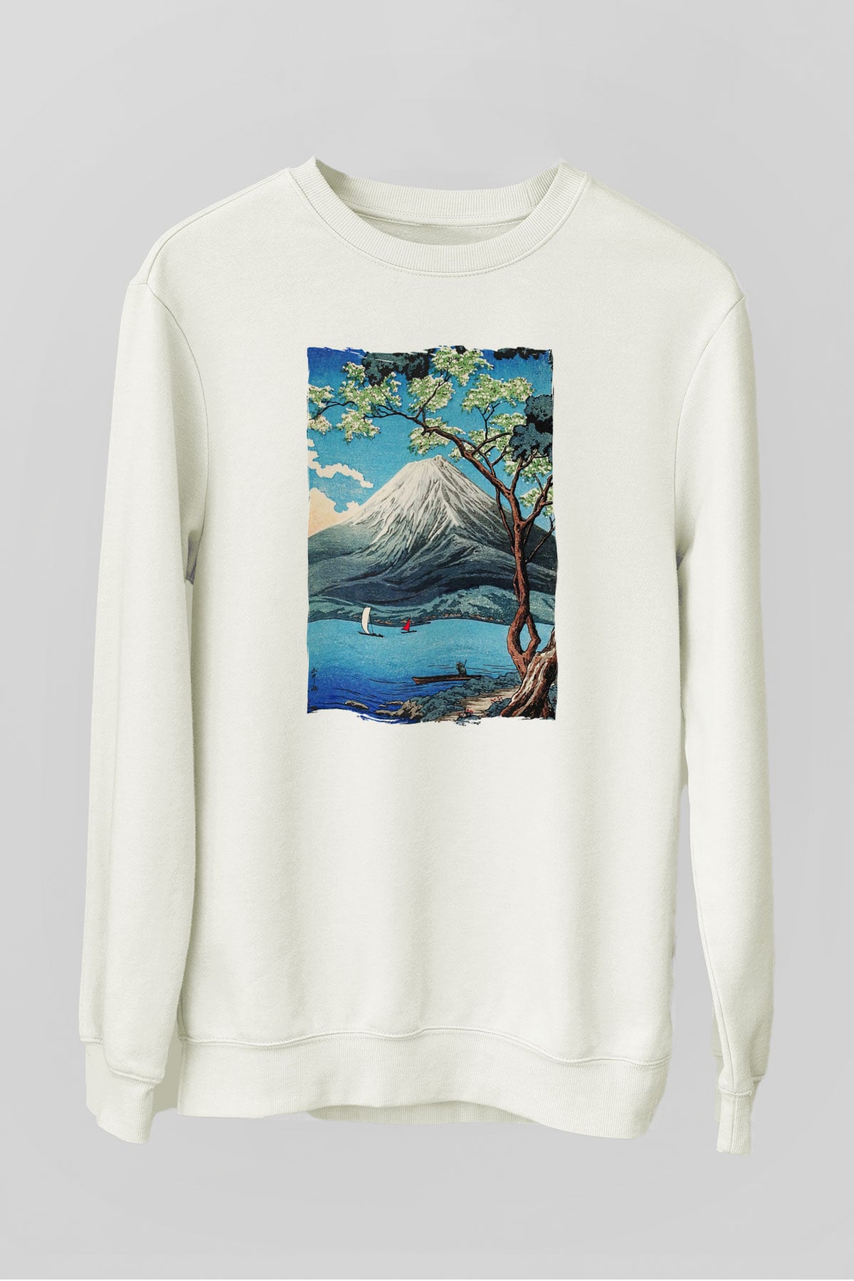 Fuji Dağı Beyaz Unisex Sweatshirt