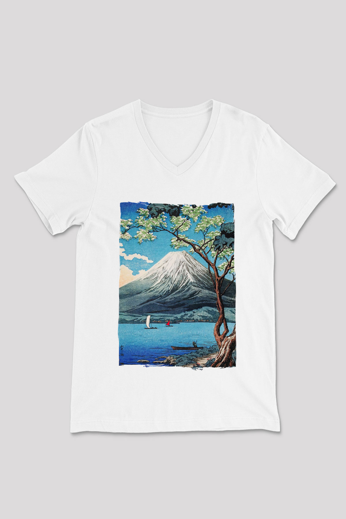 Fuji Dağı Beyaz Unisex V Yaka Tişört