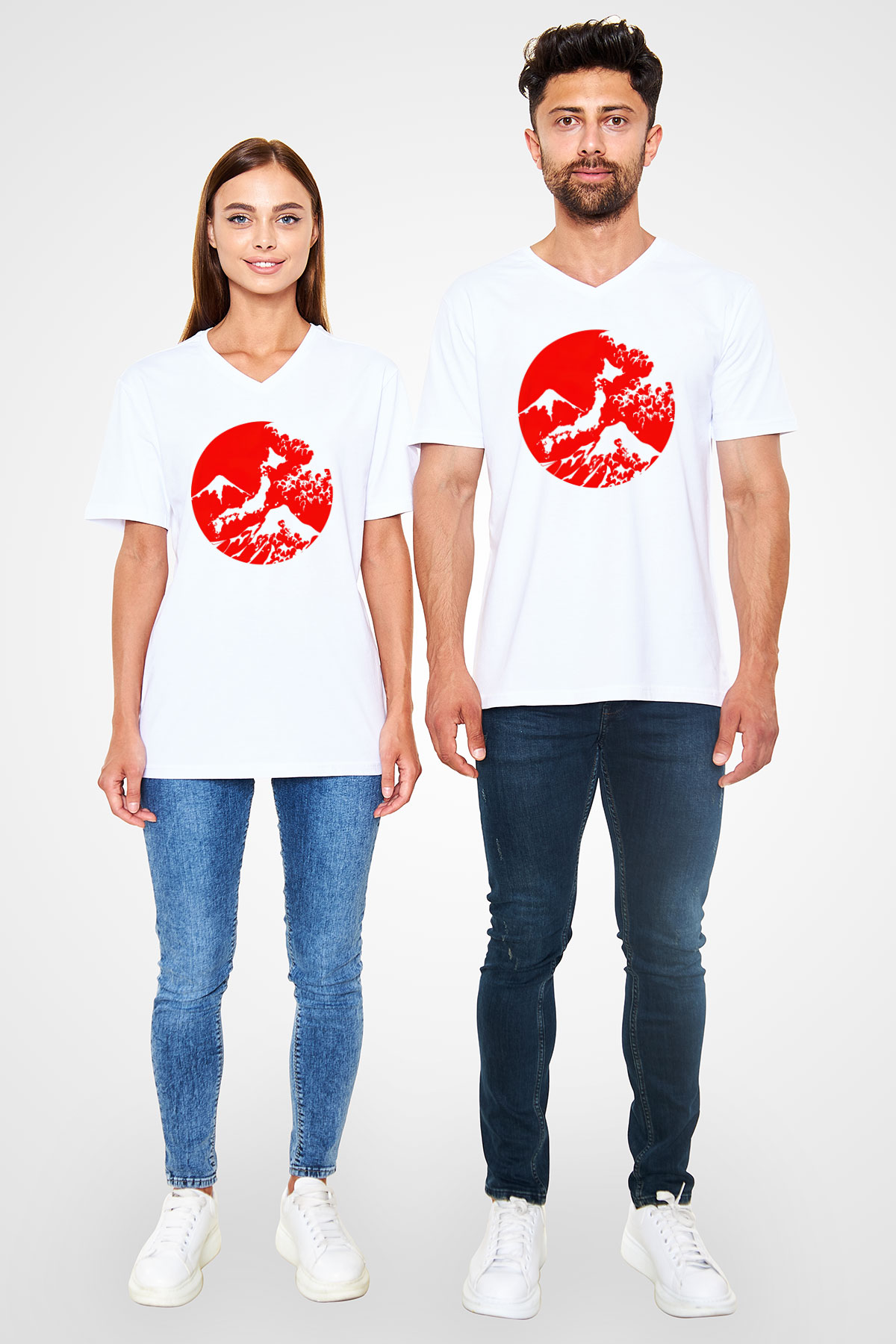 Fuji Dağı Beyaz Unisex V Yaka Tişört T-Shirt
