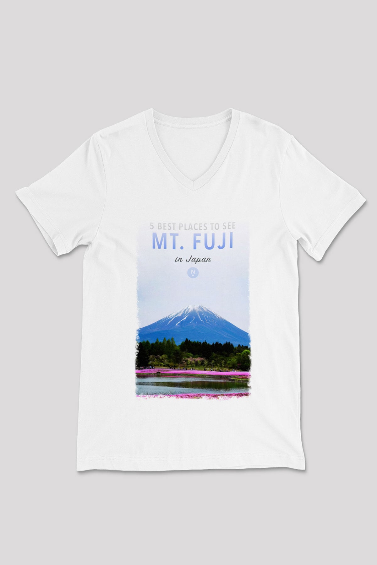 Fuji Dağı Beyaz Unisex V Yaka Tişört T-Shirt