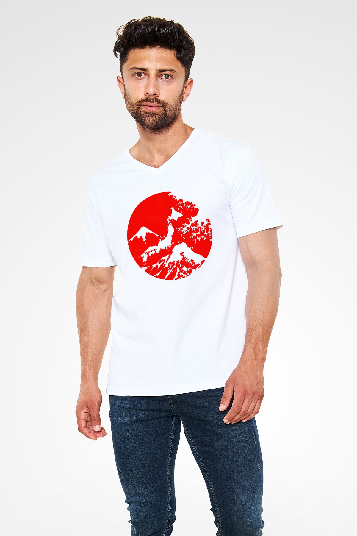 Fuji Dağı Beyaz Unisex V Yaka Tişört T-Shirt