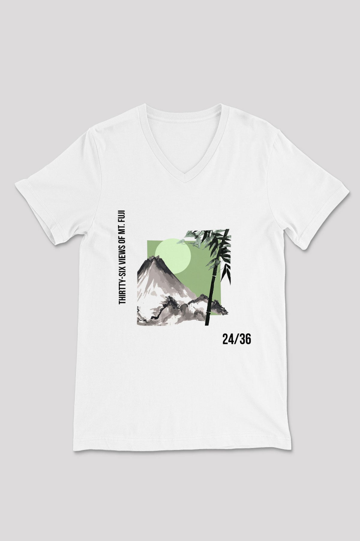 Fuji Dağı Beyaz Unisex V Yaka Tişört T-Shirt