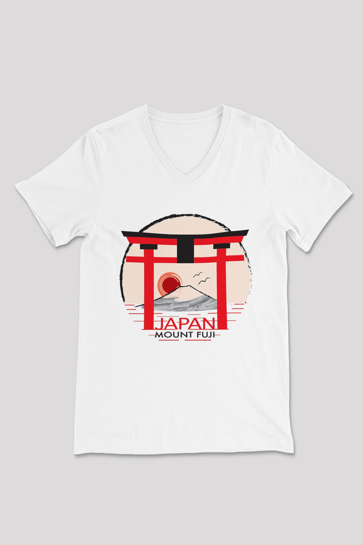 Fuji Dağı Beyaz Unisex V Yaka Tişört T-Shirt