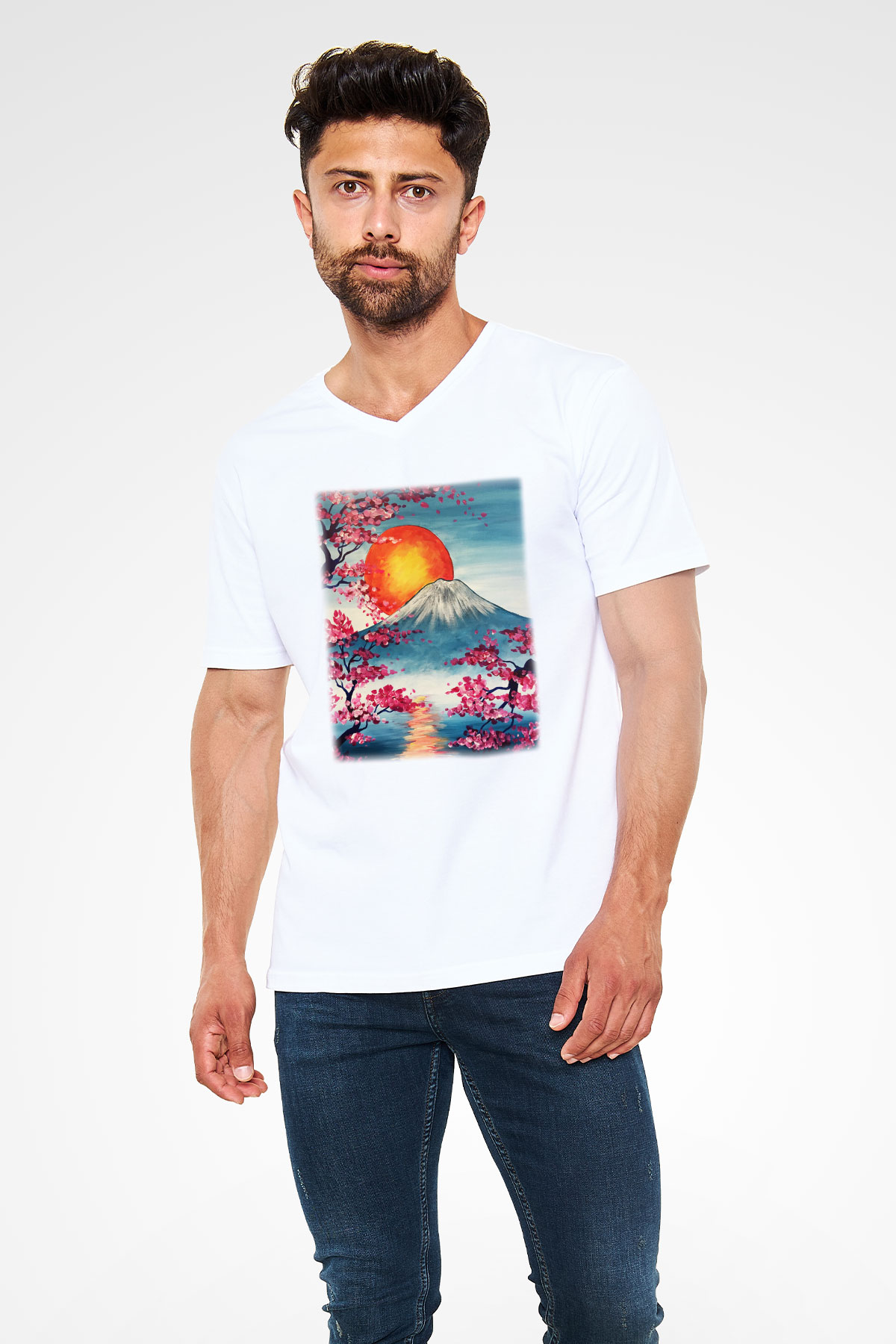 Fuji Dağı Beyaz Unisex V Yaka Tişört T-Shirt