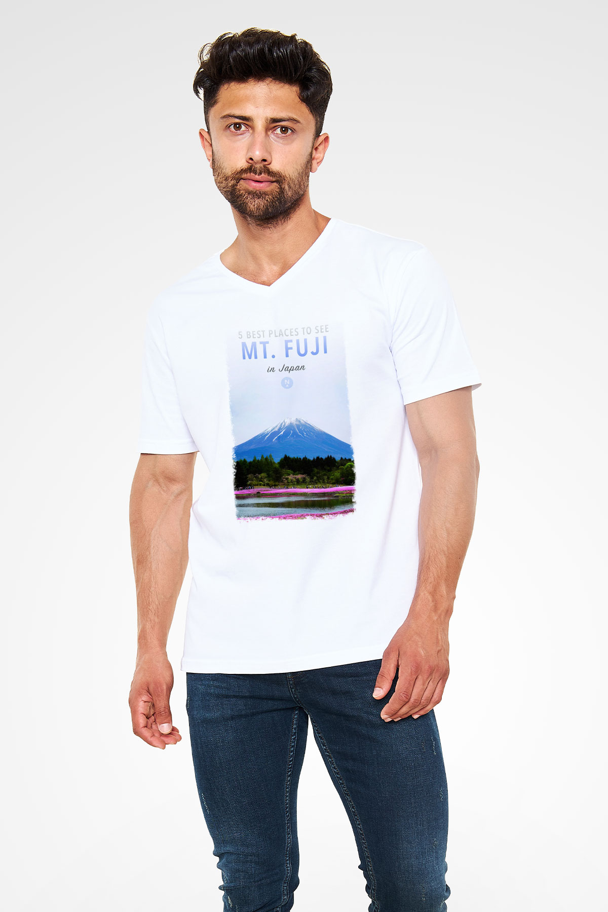 Fuji Dağı Beyaz Unisex V Yaka Tişört T-Shirt